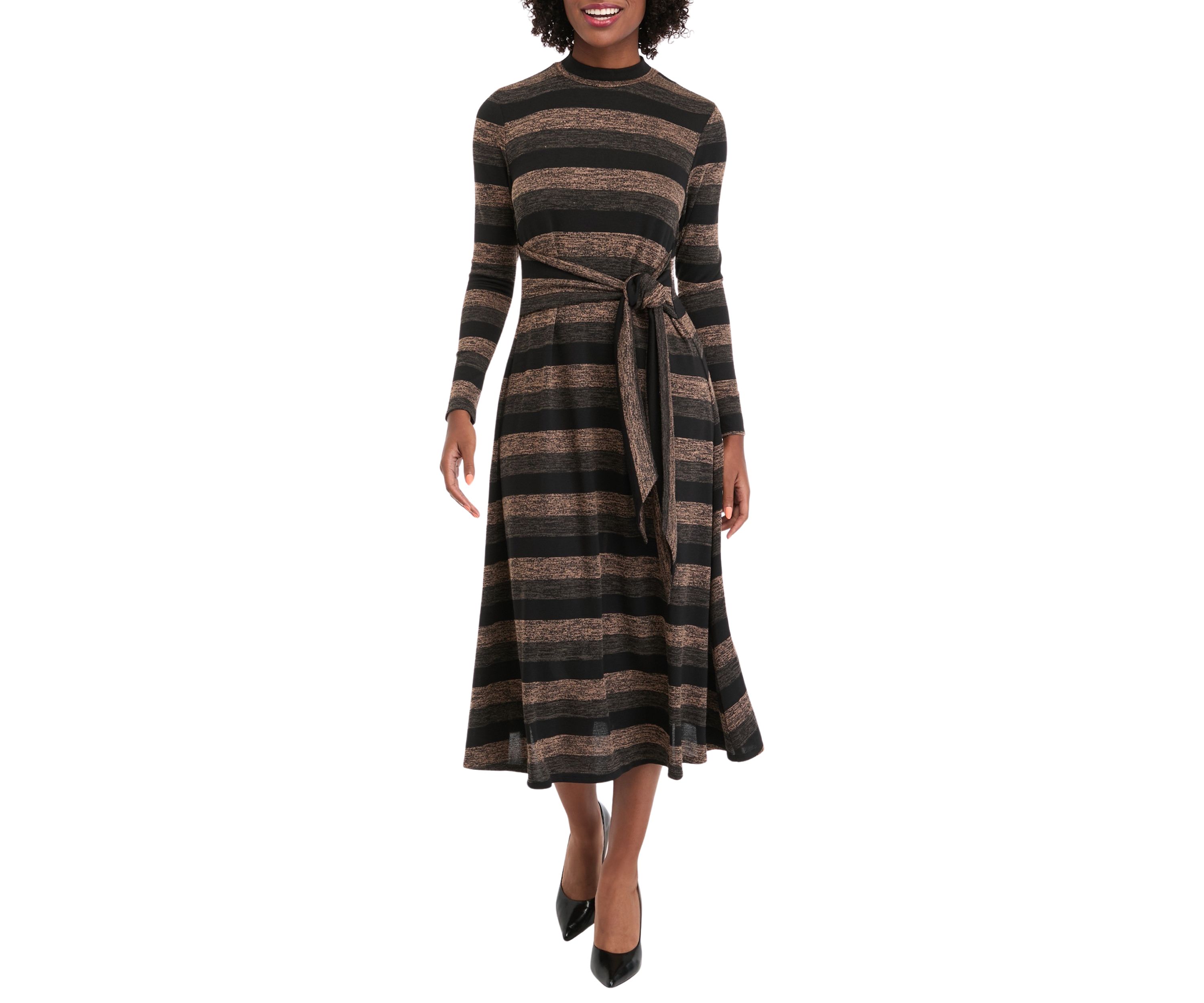 Womens Long Sleeve High Neck Striped Belted Midi Dress