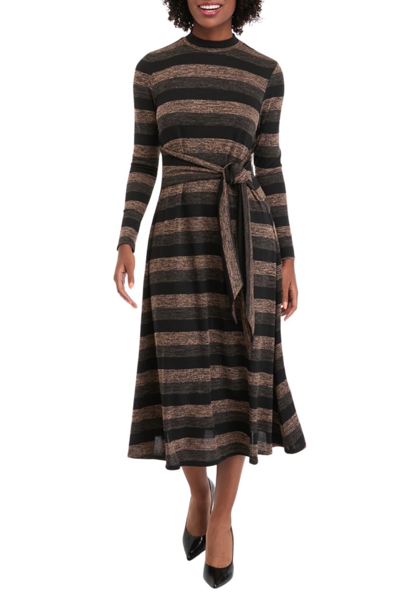 Womens Long Sleeve High Neck Striped Belted Midi Dress