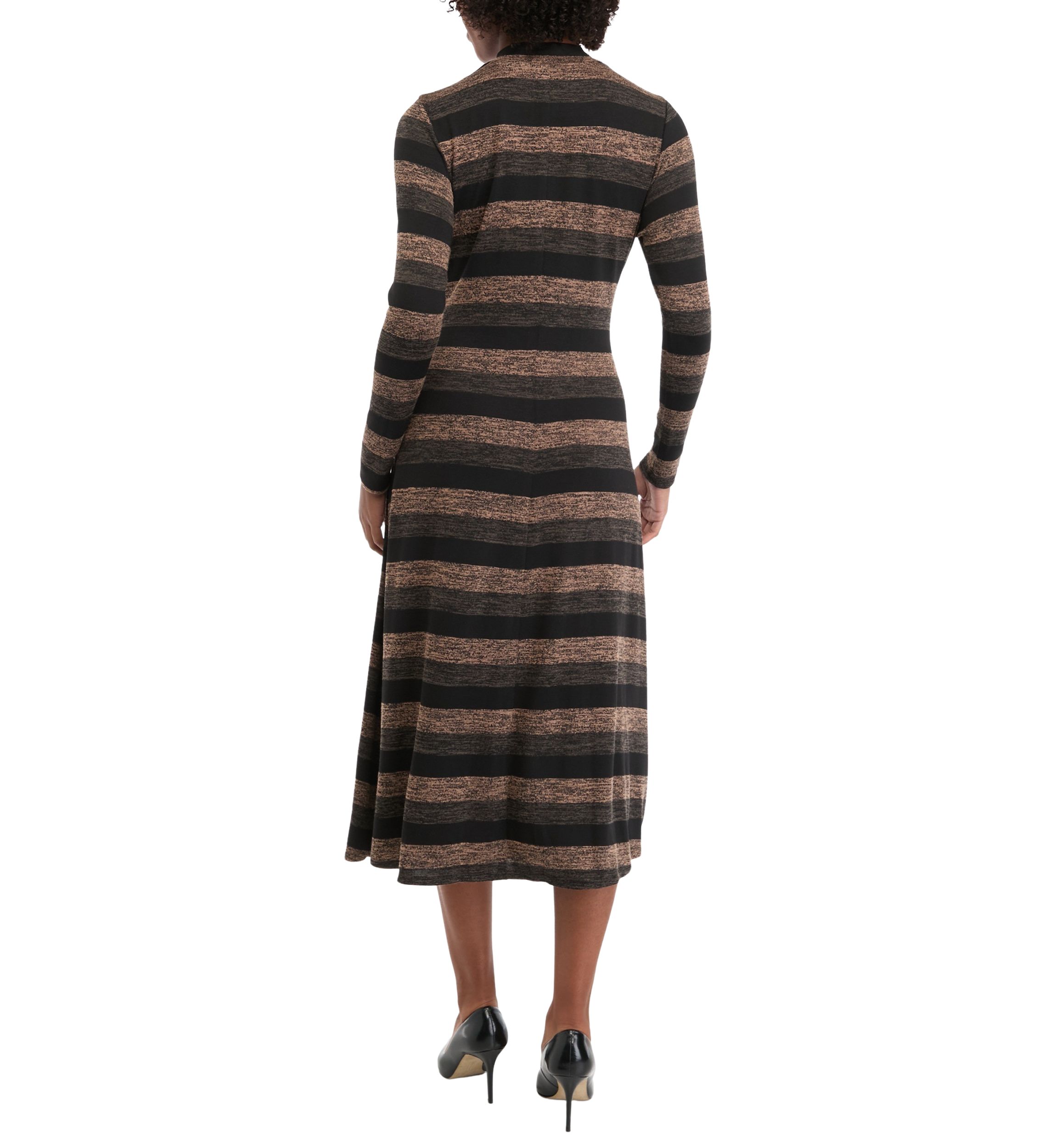 Womens Long Sleeve High Neck Striped Belted Midi Dress