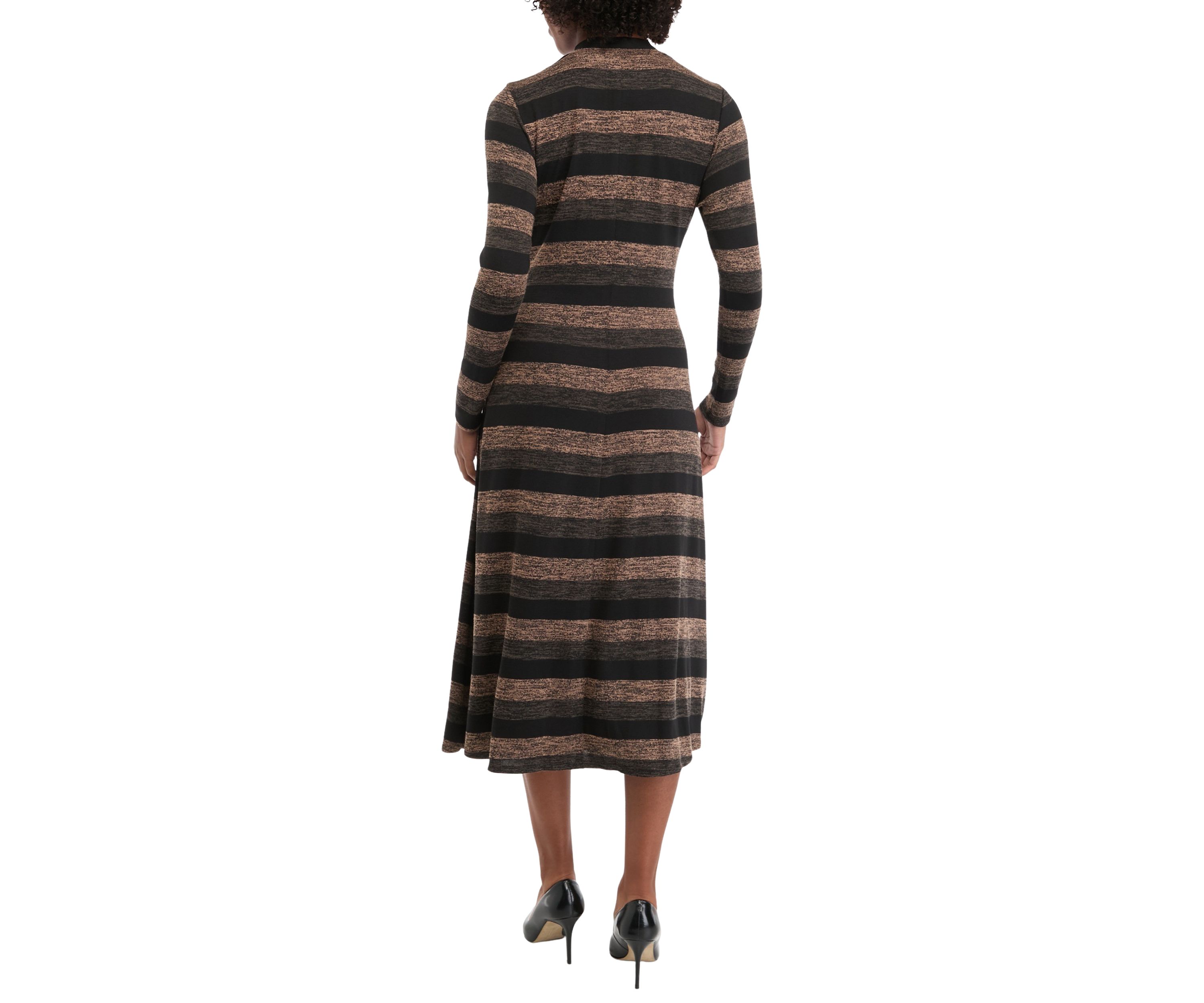 Womens Long Sleeve High Neck Striped Belted Midi Dress