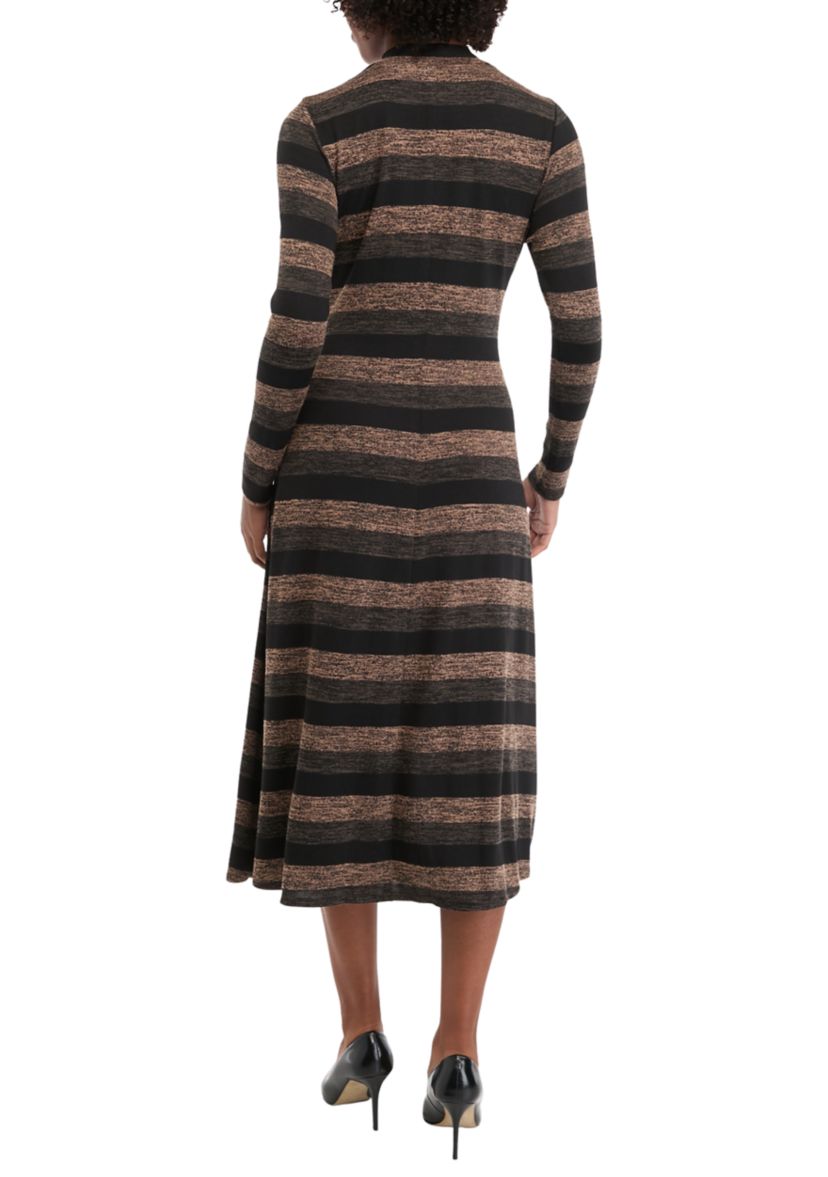 Womens Long Sleeve High Neck Striped Belted Midi Dress