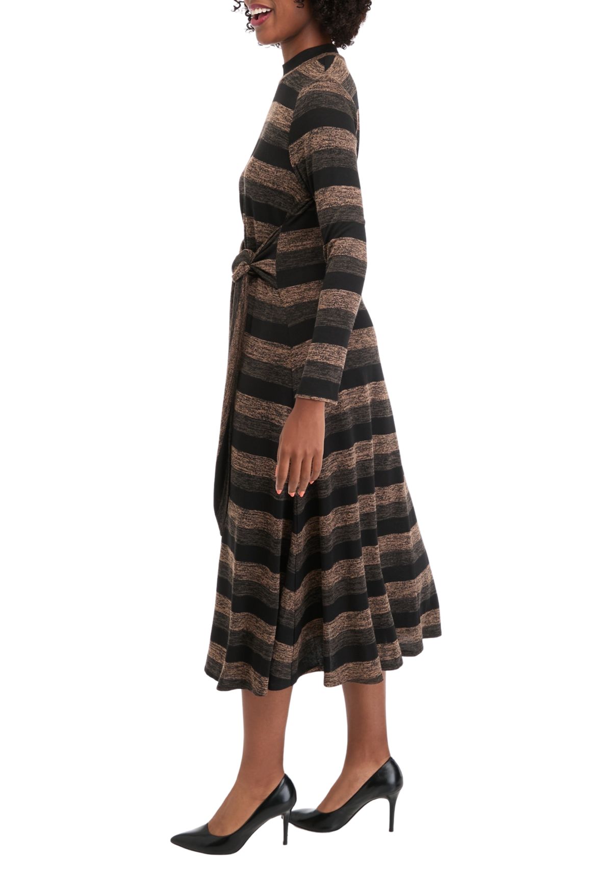 Womens Long Sleeve High Neck Striped Belted Midi Dress