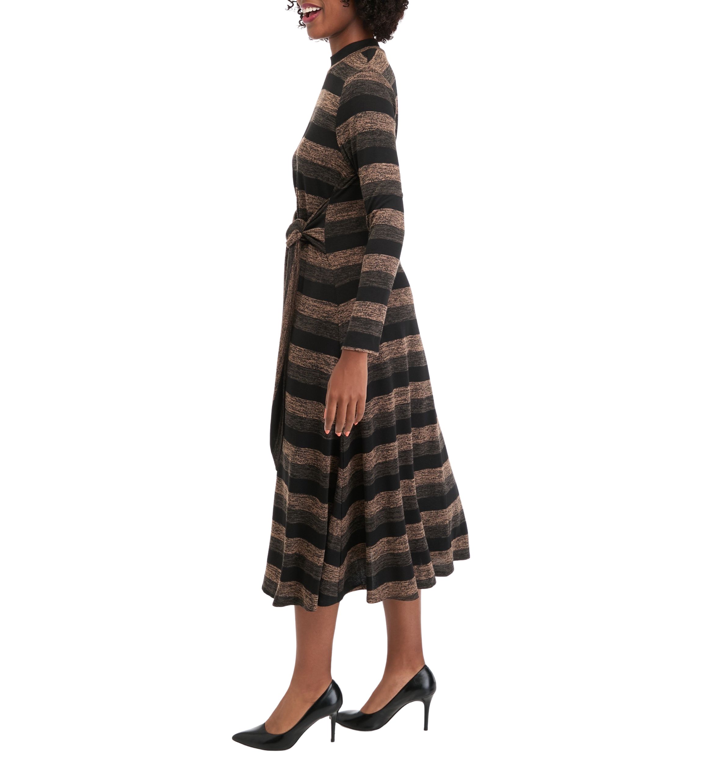 Womens Long Sleeve High Neck Striped Belted Midi Dress