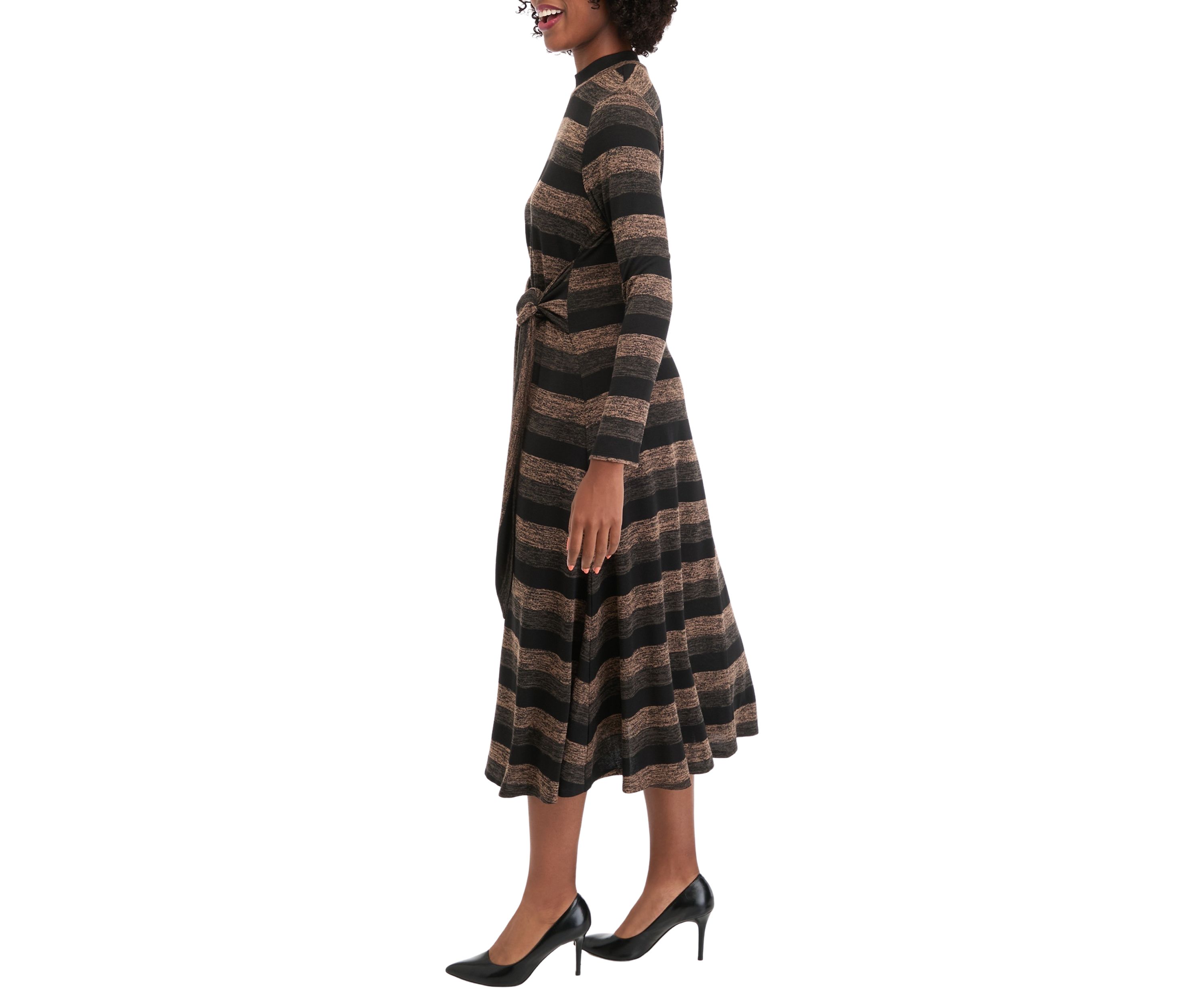 Womens Long Sleeve High Neck Striped Belted Midi Dress