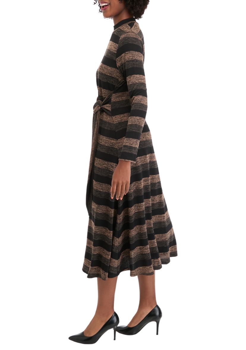 Womens Long Sleeve High Neck Striped Belted Midi Dress