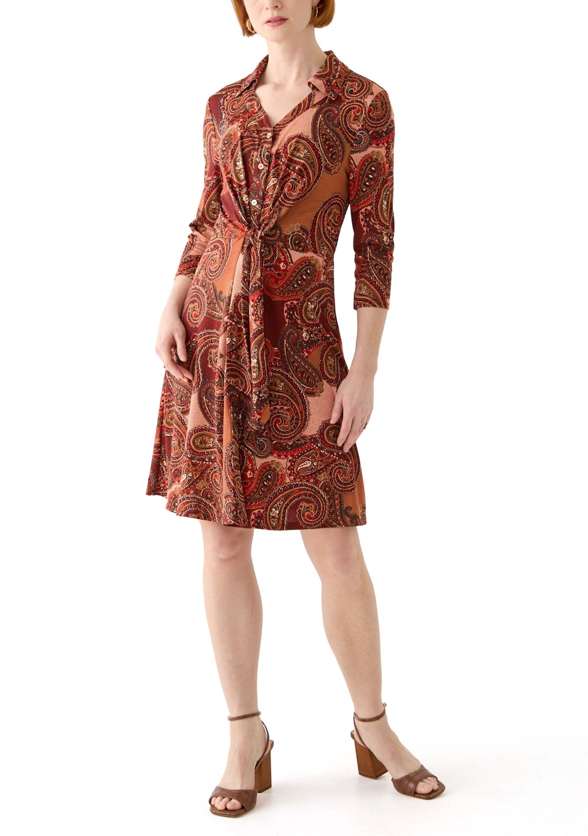 Womens 3/4 Sleeve Collar Neck Paisley Print Fit and Flare Dress