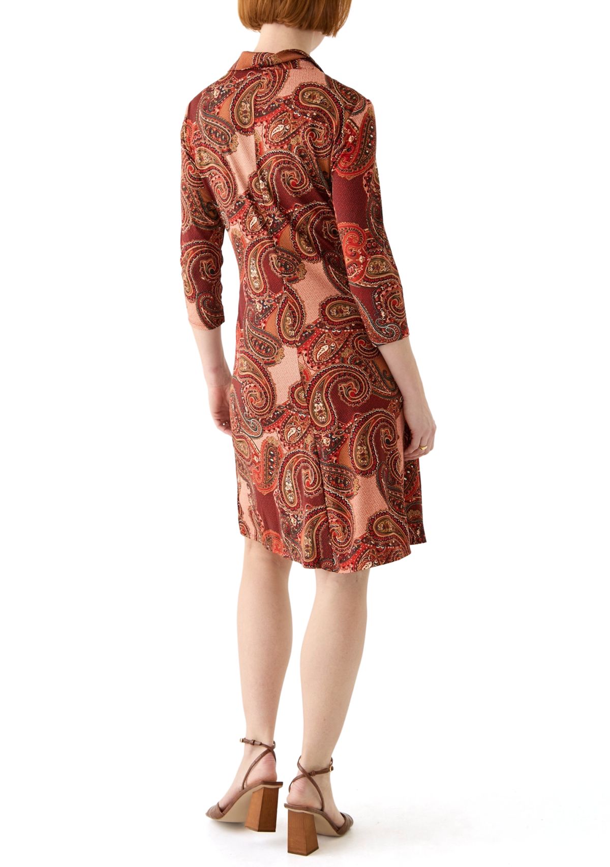 Womens 3/4 Sleeve Collar Neck Paisley Print Fit and Flare Dress