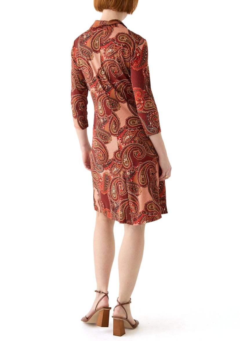 Womens 3/4 Sleeve Collar Neck Paisley Print Fit and Flare Dress