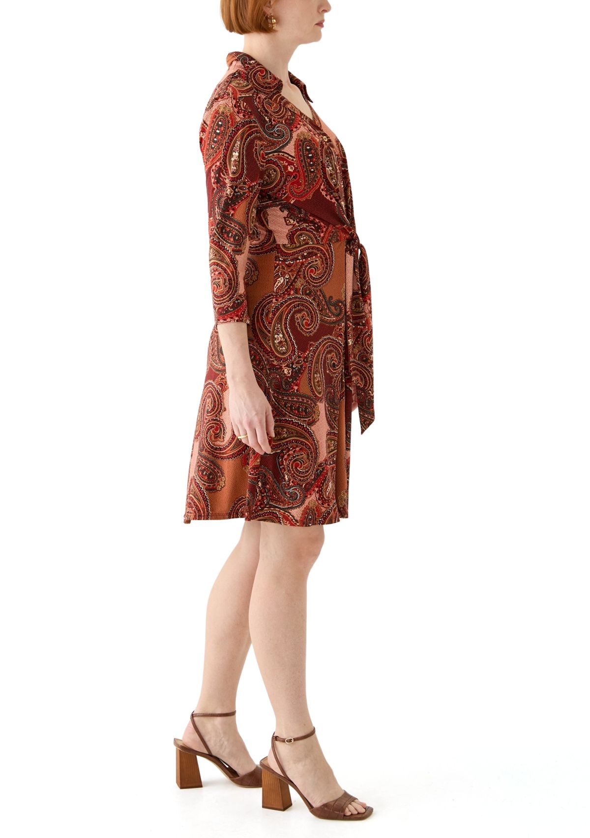 Womens 3/4 Sleeve Collar Neck Paisley Print Fit and Flare Dress