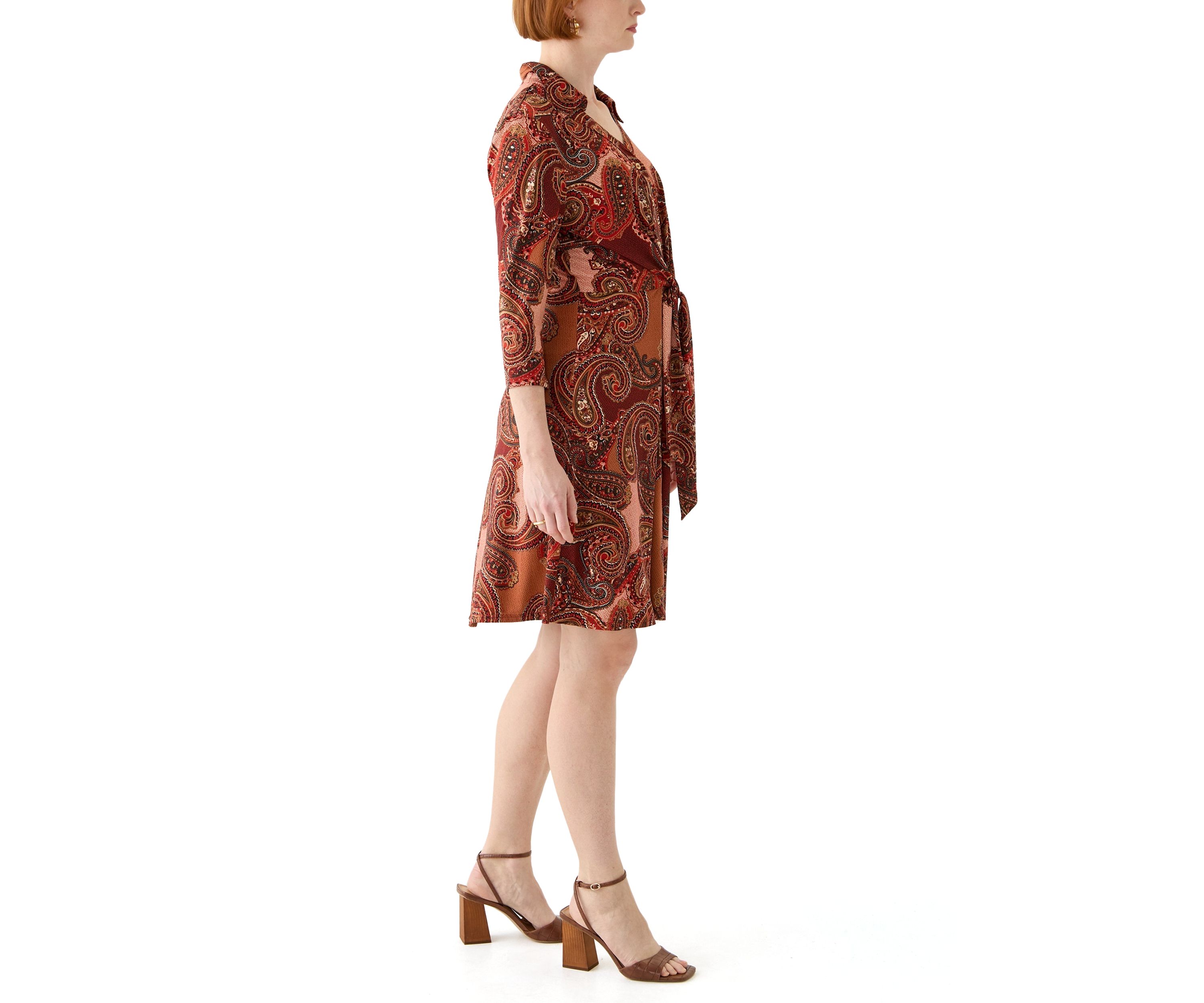 Womens 3/4 Sleeve Collar Neck Paisley Print Fit and Flare Dress