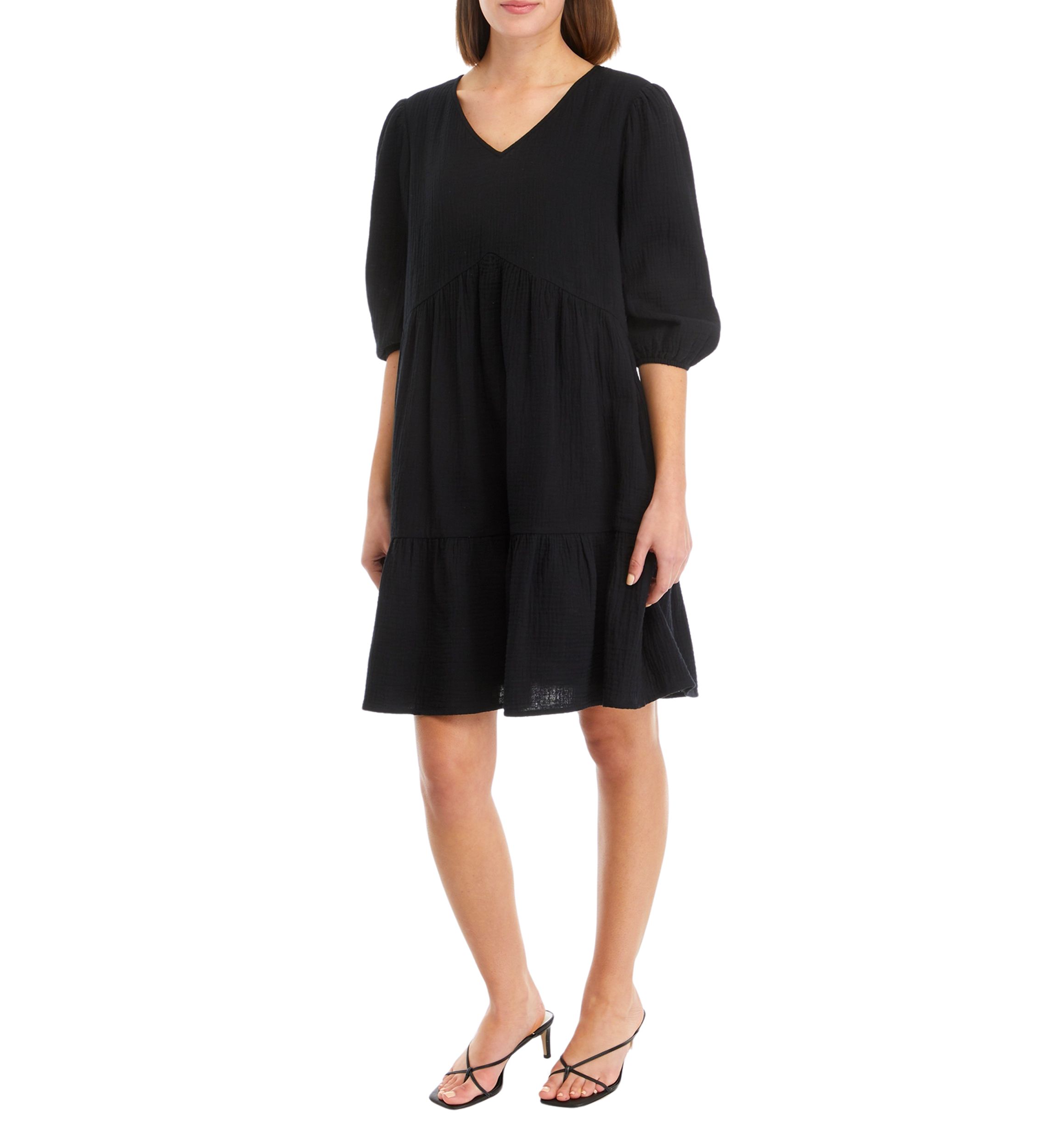 Womens 3/4 Sleeve V-Neck Tiered Solid Gauze Babydoll Dress