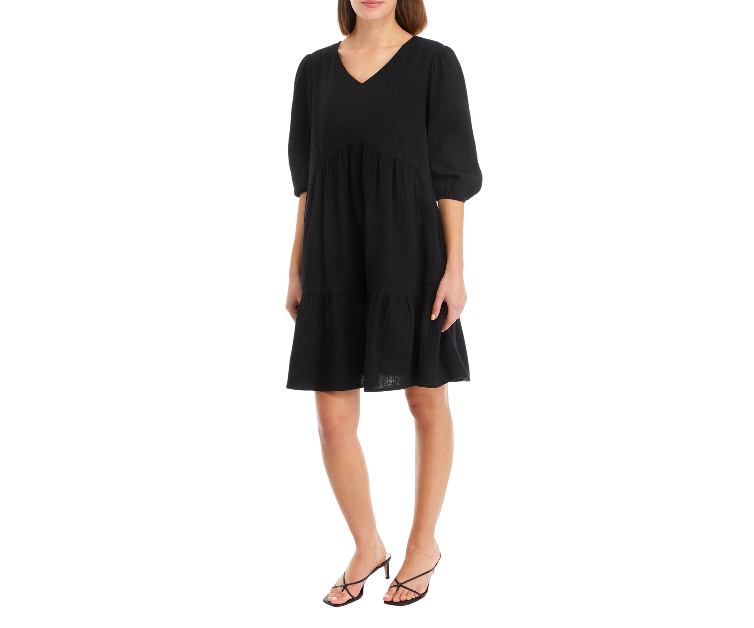 Womens 3/4 Sleeve V-Neck Tiered Solid Gauze Babydoll Dress