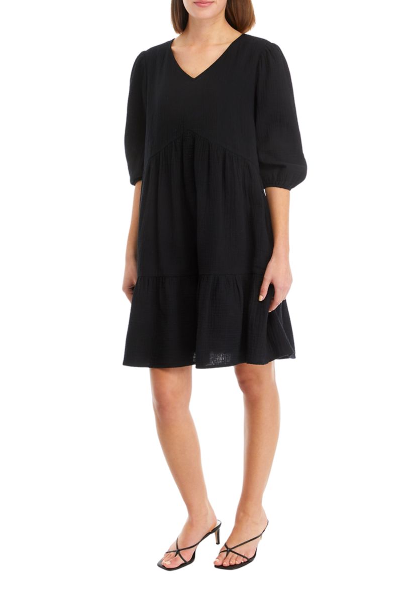 Womens 3/4 Sleeve V-Neck Tiered Solid Gauze Babydoll Dress
