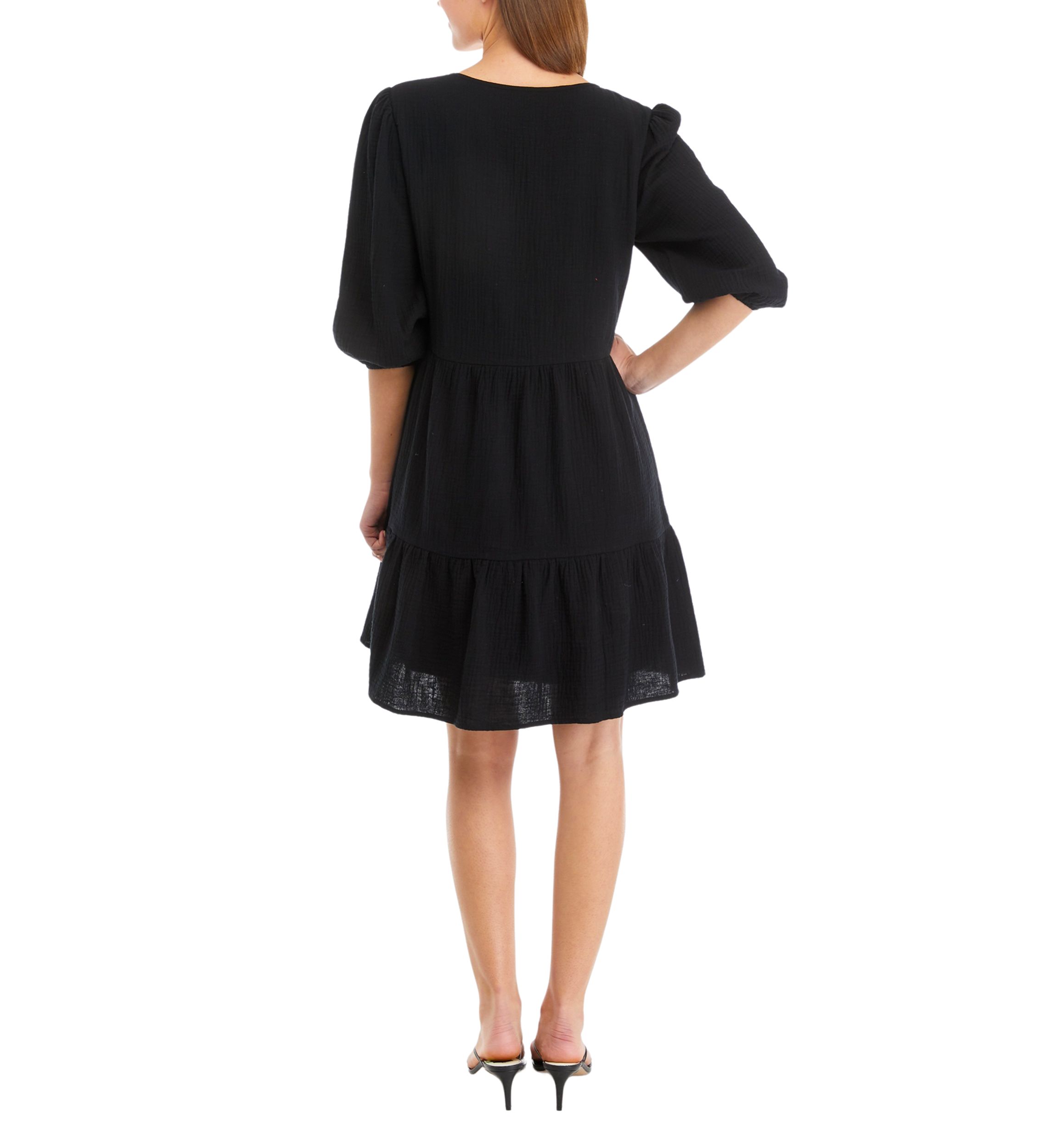 Womens 3/4 Sleeve V-Neck Tiered Solid Gauze Babydoll Dress