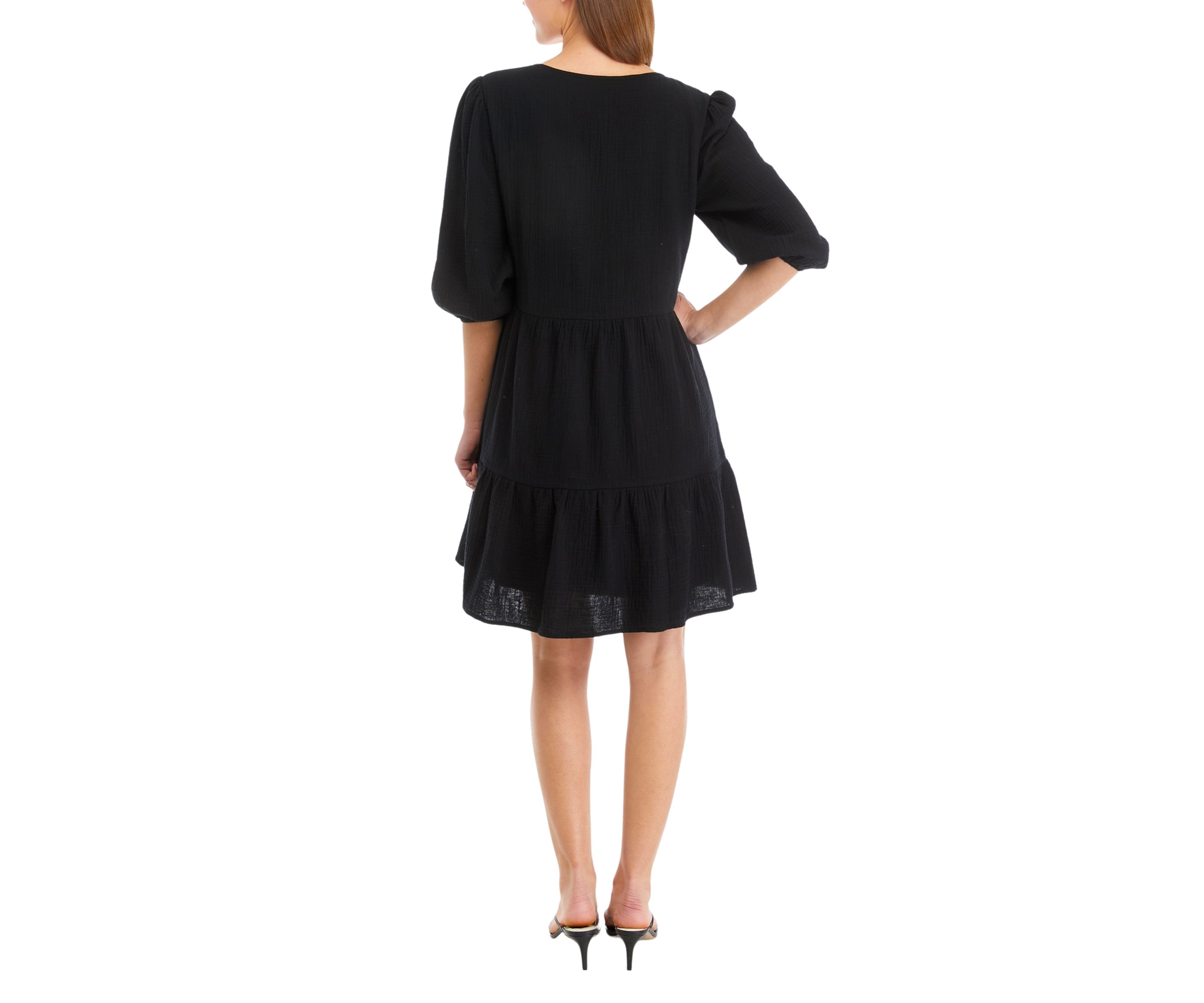 Womens 3/4 Sleeve V-Neck Tiered Solid Gauze Babydoll Dress