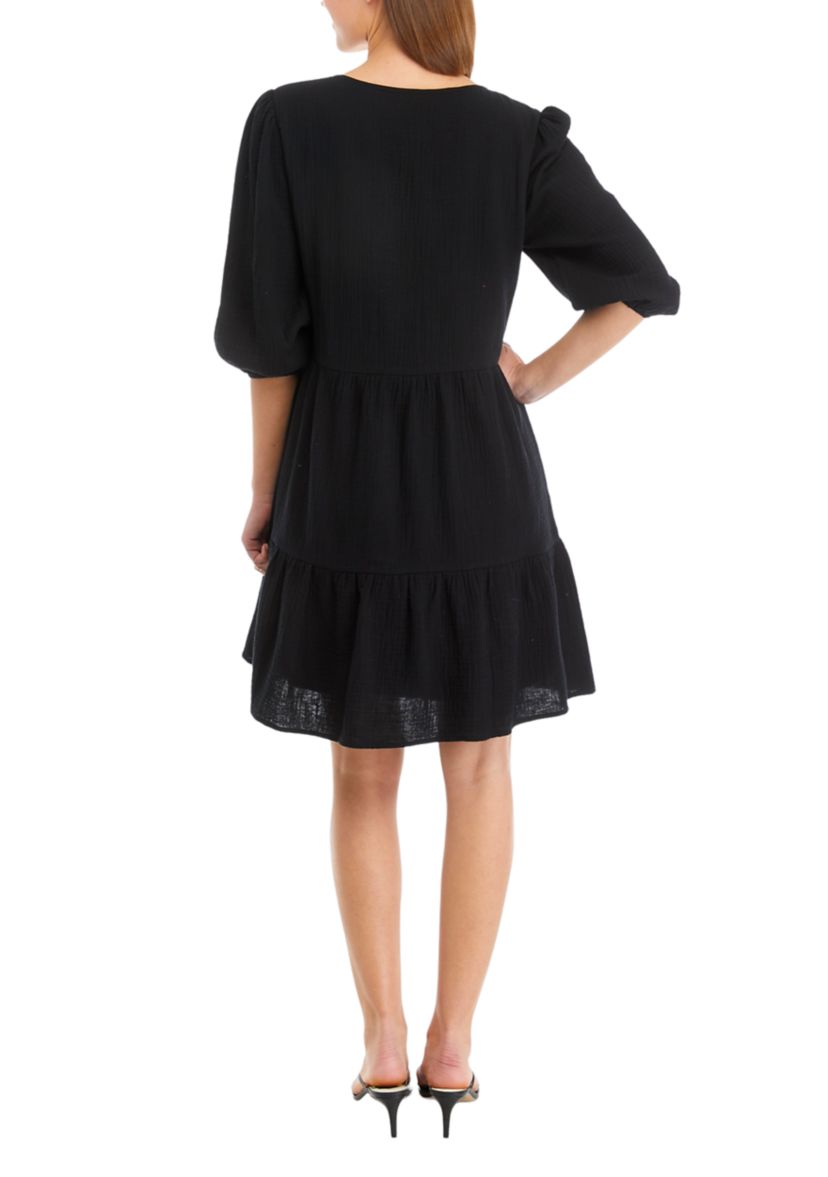 Womens 3/4 Sleeve V-Neck Tiered Solid Gauze Babydoll Dress