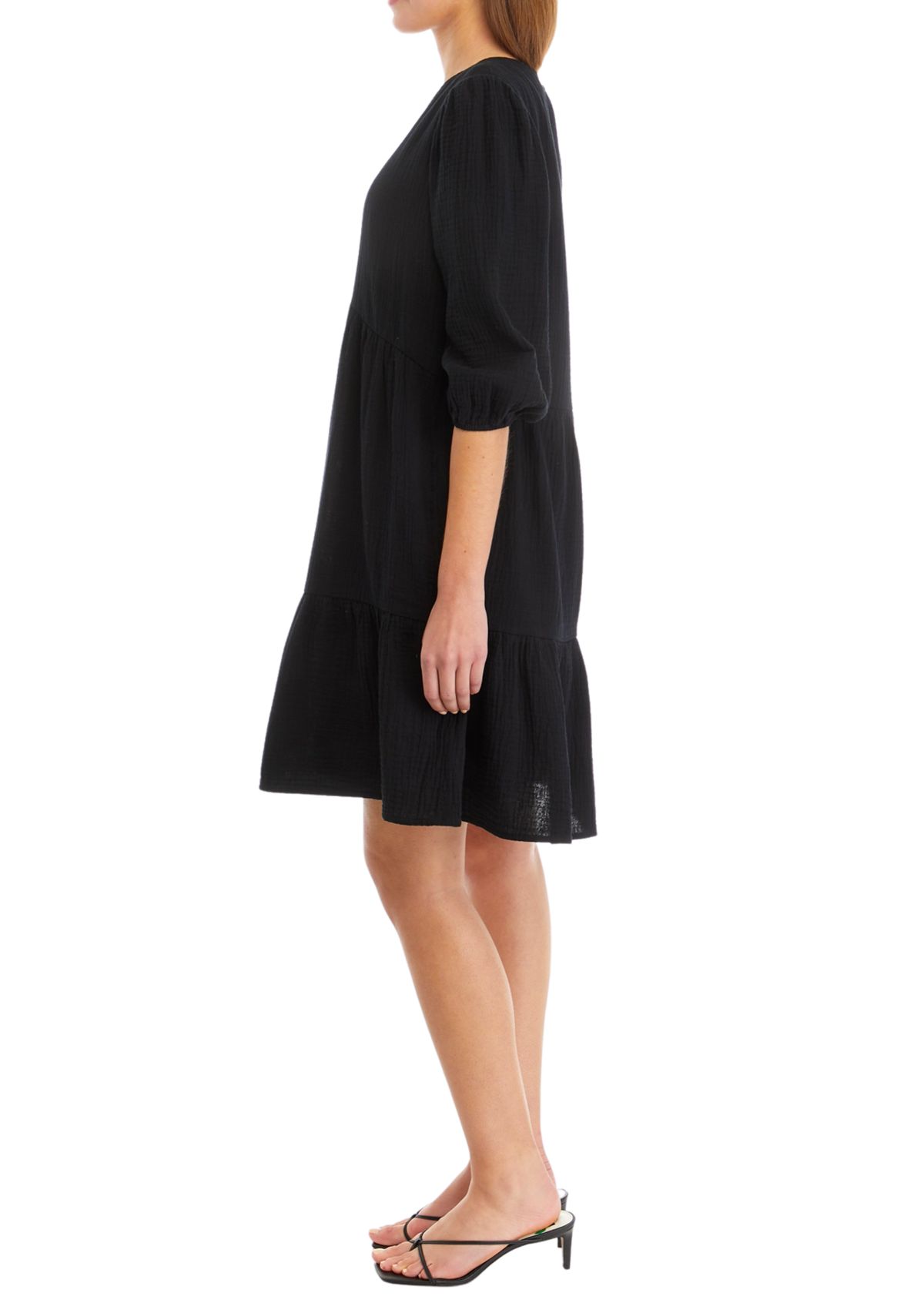 Womens 3/4 Sleeve V-Neck Tiered Solid Gauze Babydoll Dress