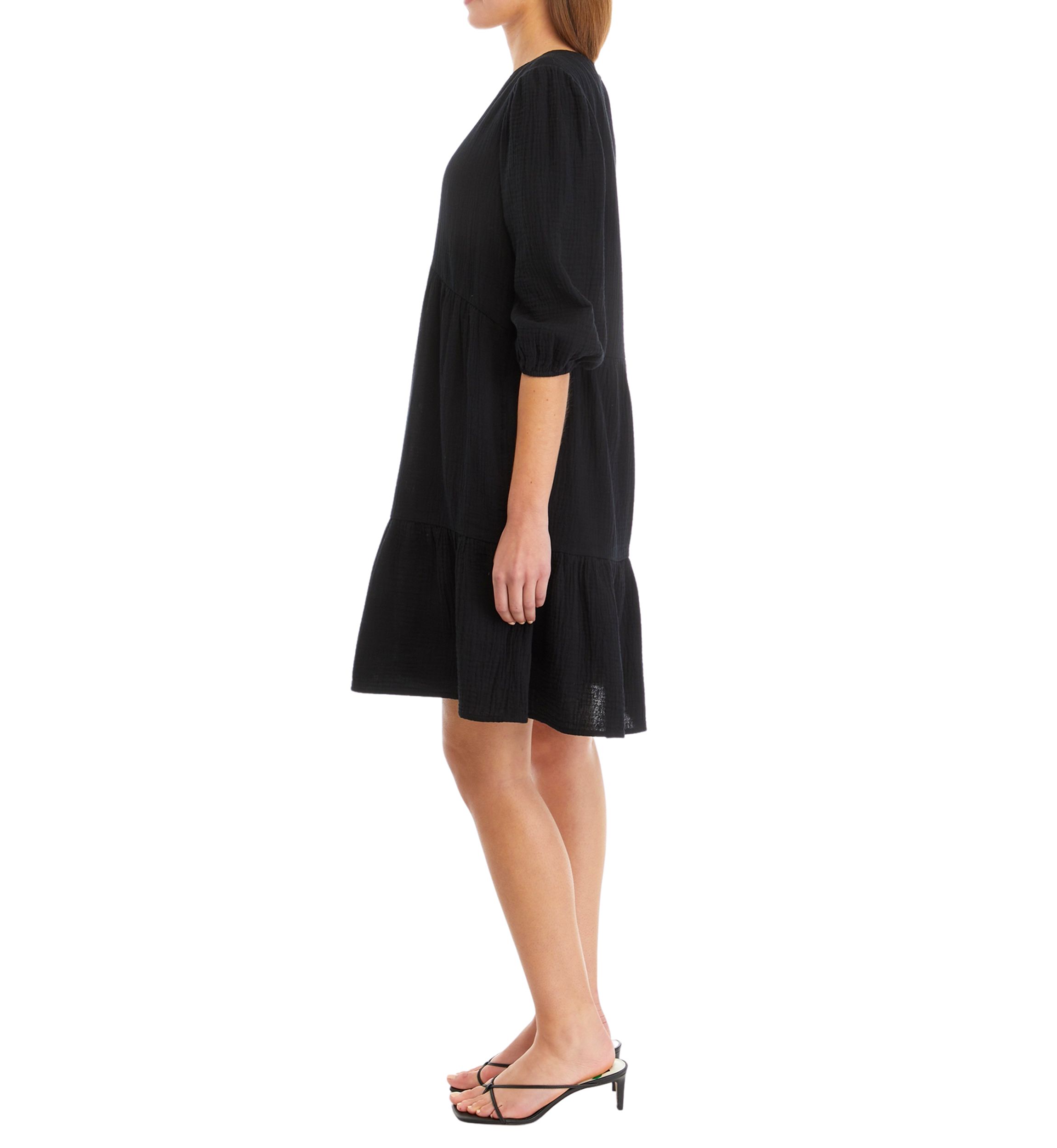 Womens 3/4 Sleeve V-Neck Tiered Solid Gauze Babydoll Dress