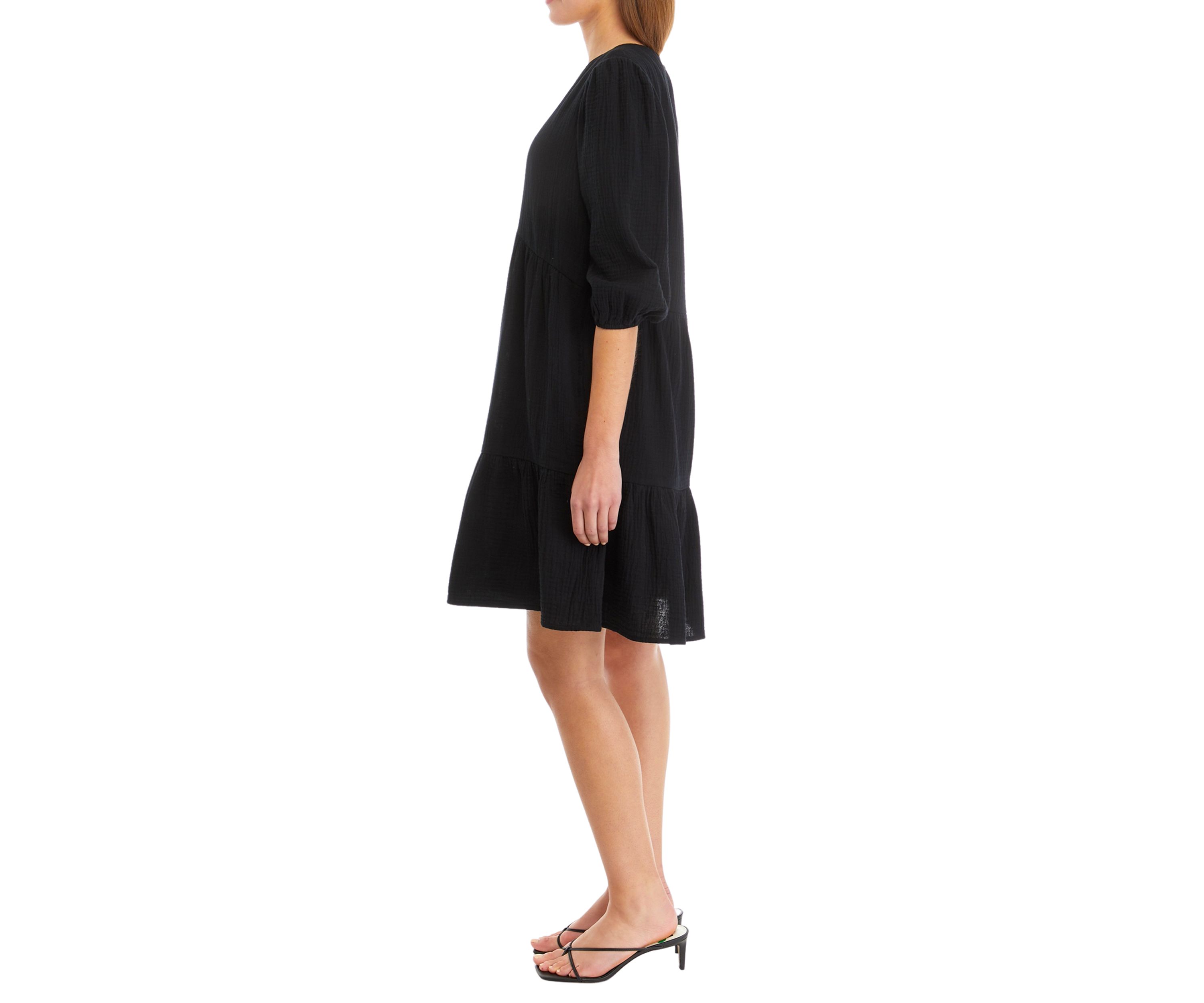Womens 3/4 Sleeve V-Neck Tiered Solid Gauze Babydoll Dress