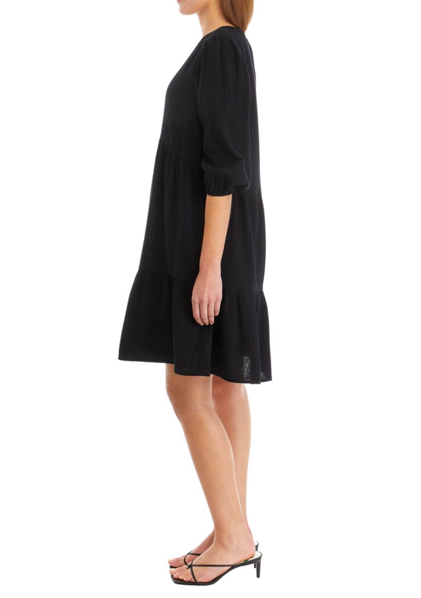 Womens 3/4 Sleeve V-Neck Tiered Solid Gauze Babydoll Dress
