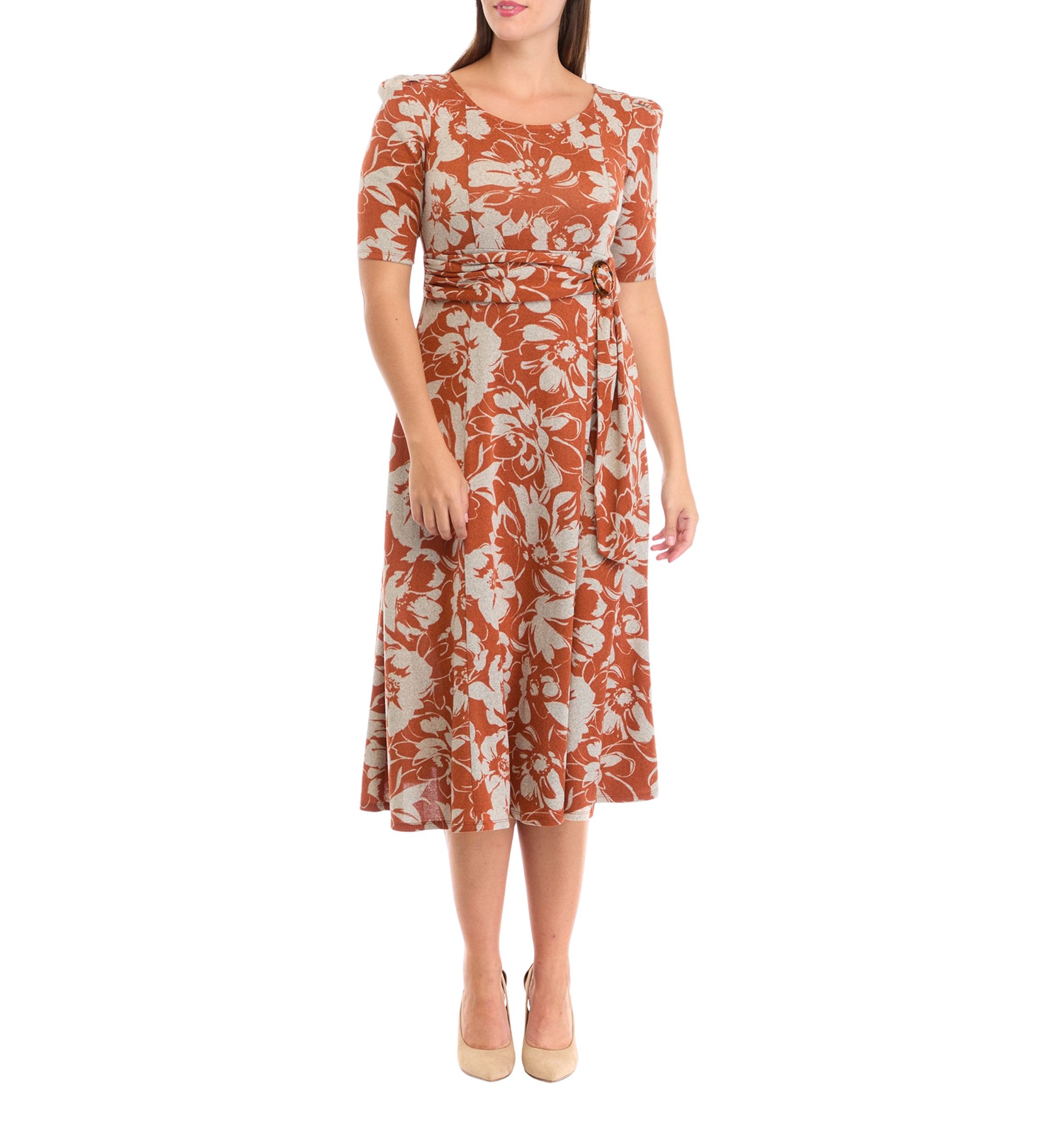 Womens Short Sleeve Crew Neck Floral Print Tie Wrap Fit and Flare Dress