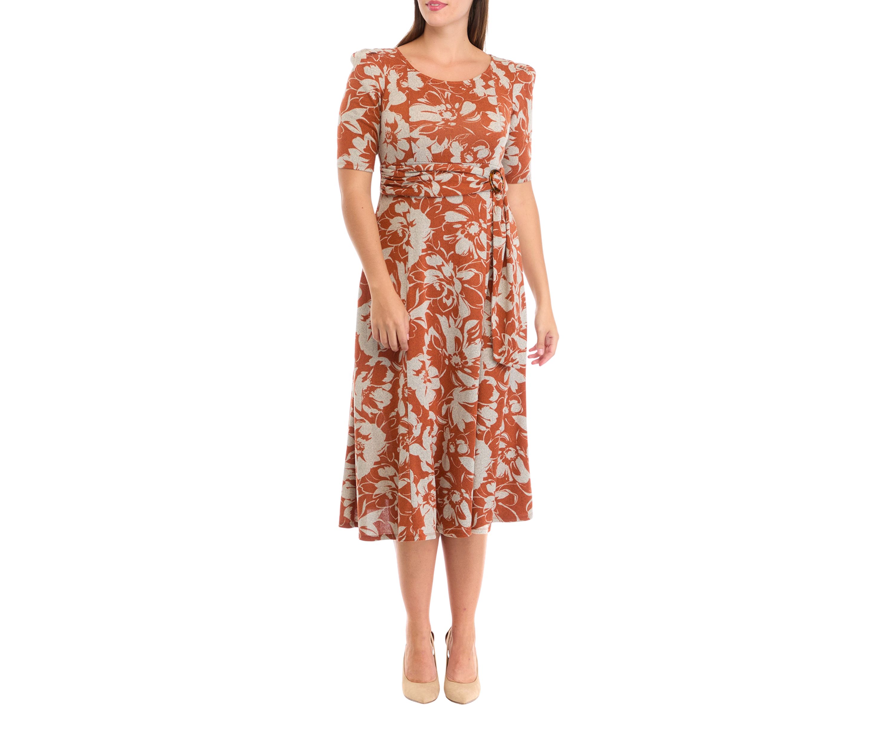 Womens Short Sleeve Crew Neck Floral Print Tie Wrap Fit and Flare Dress