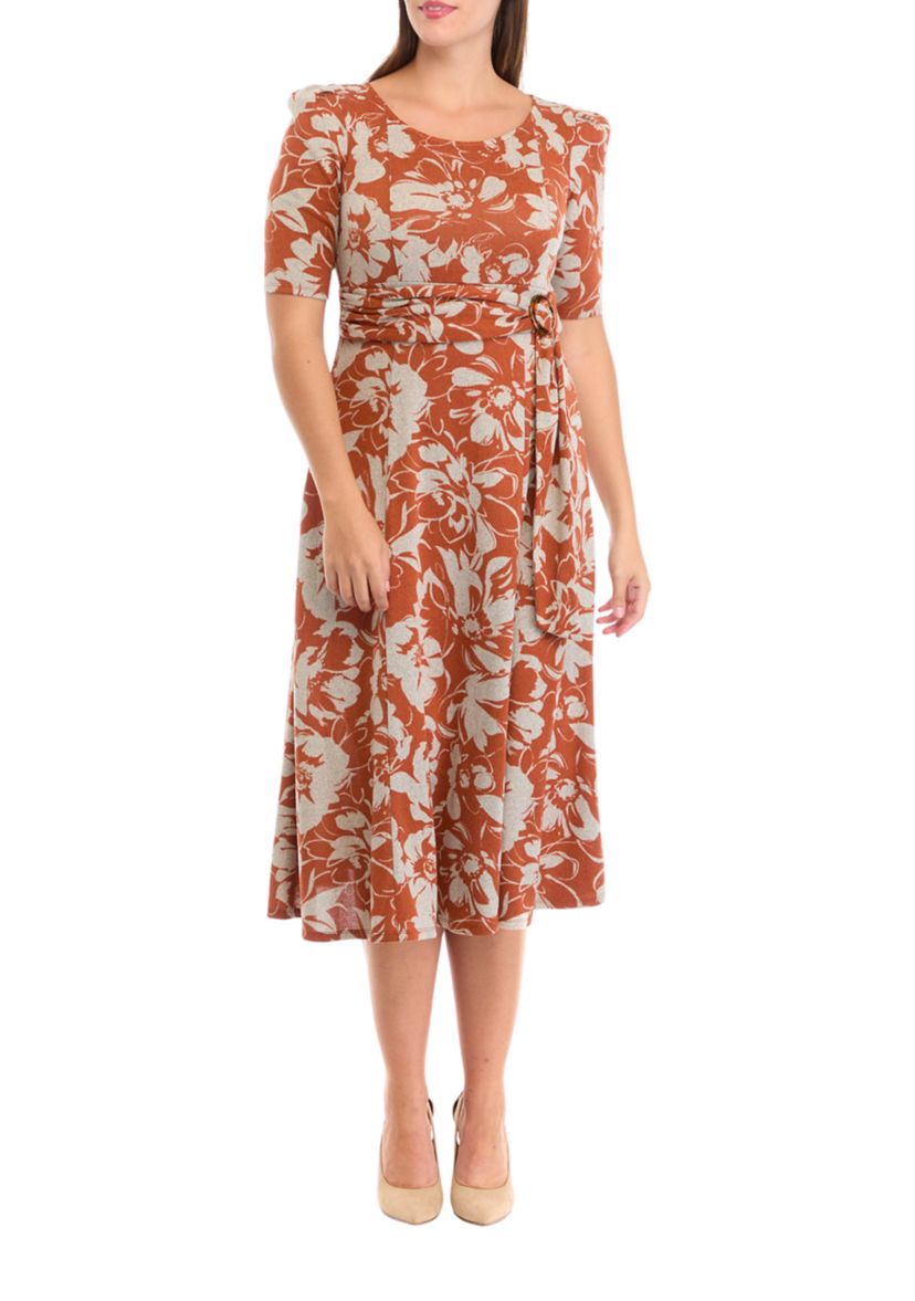 Womens Short Sleeve Crew Neck Floral Print Tie Wrap Fit and Flare Dress