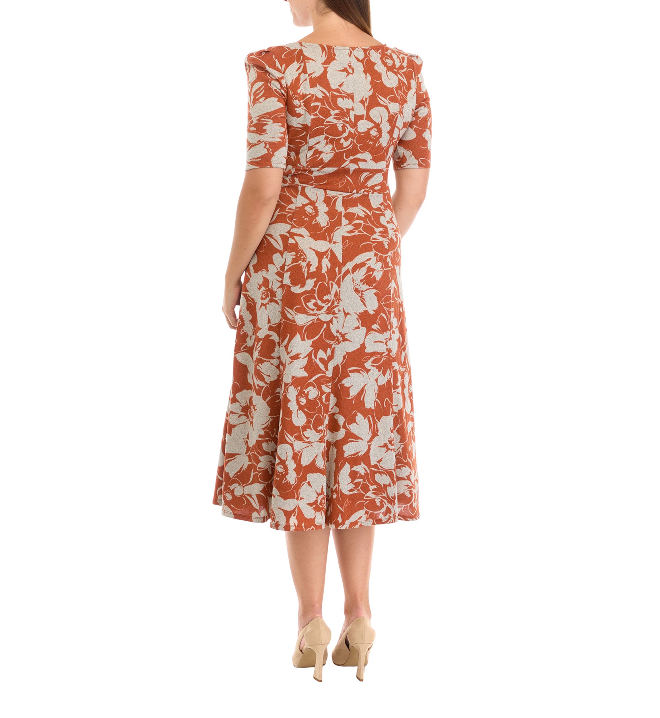 Womens Short Sleeve Crew Neck Floral Print Tie Wrap Fit and Flare Dress