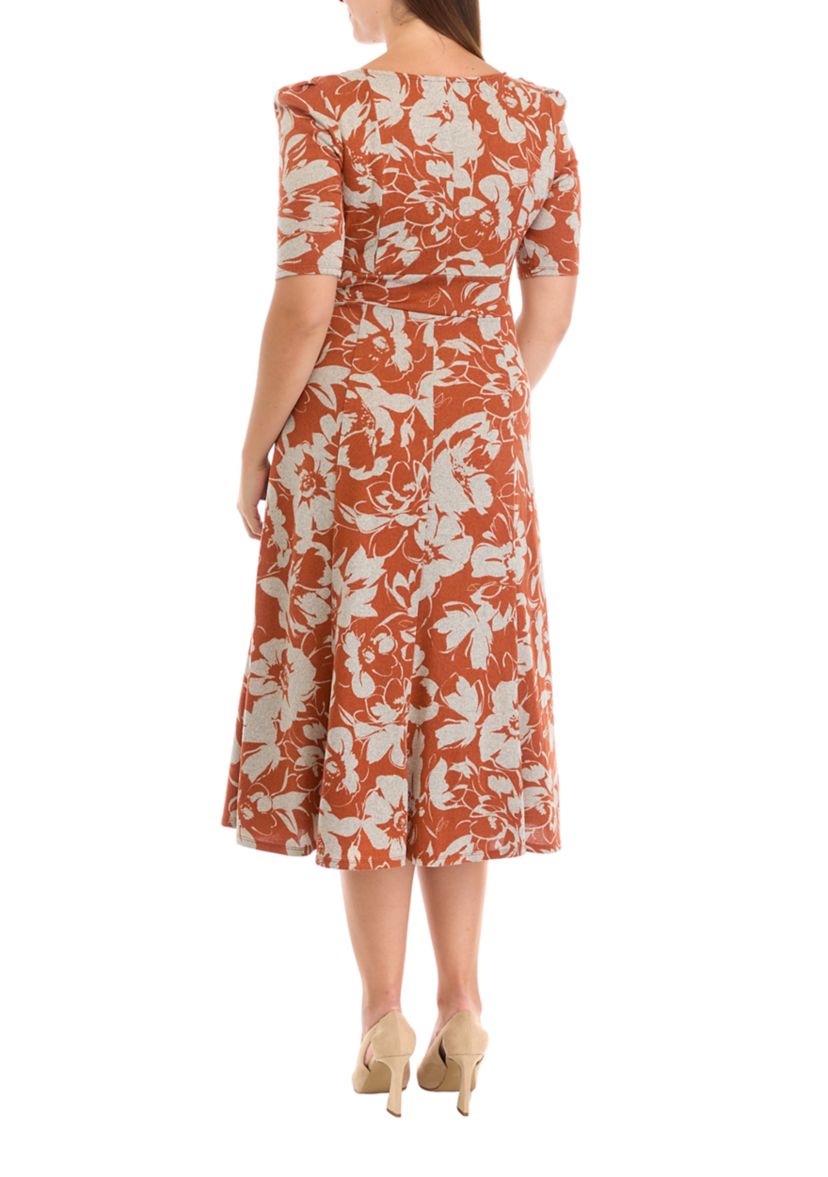 Womens Short Sleeve Crew Neck Floral Print Tie Wrap Fit and Flare Dress