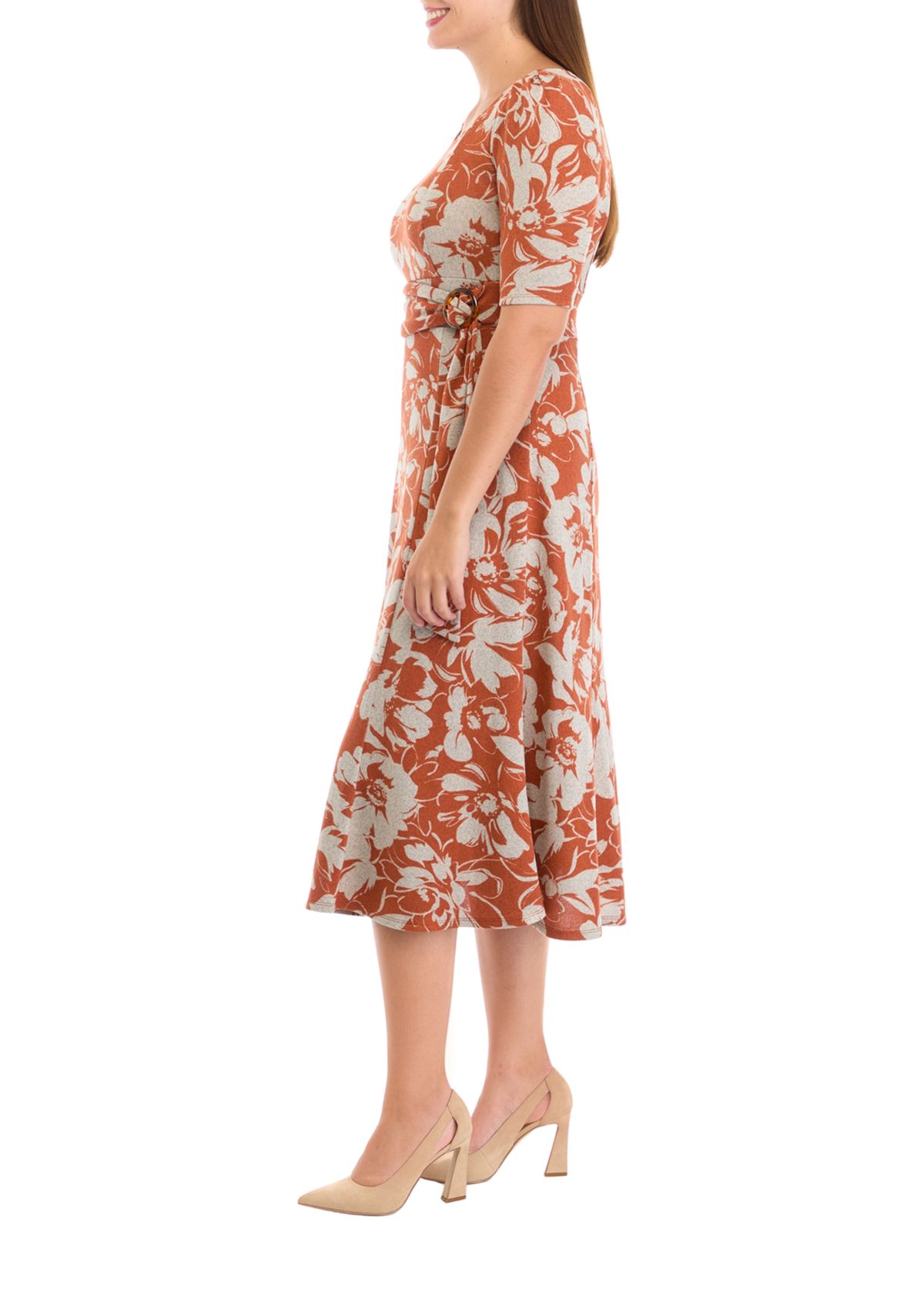 Womens Short Sleeve Crew Neck Floral Print Tie Wrap Fit and Flare Dress