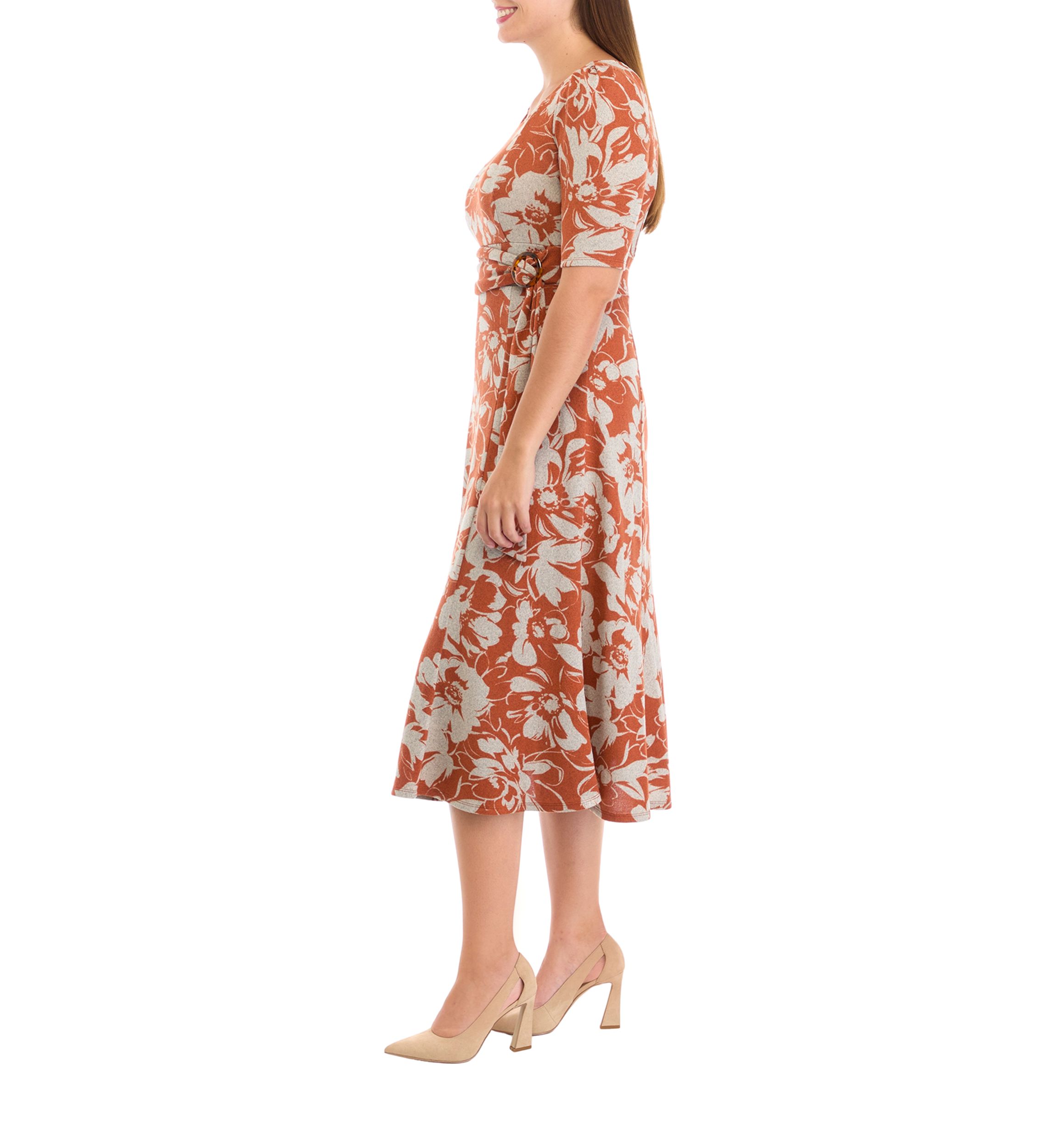 Womens Short Sleeve Crew Neck Floral Print Tie Wrap Fit and Flare Dress
