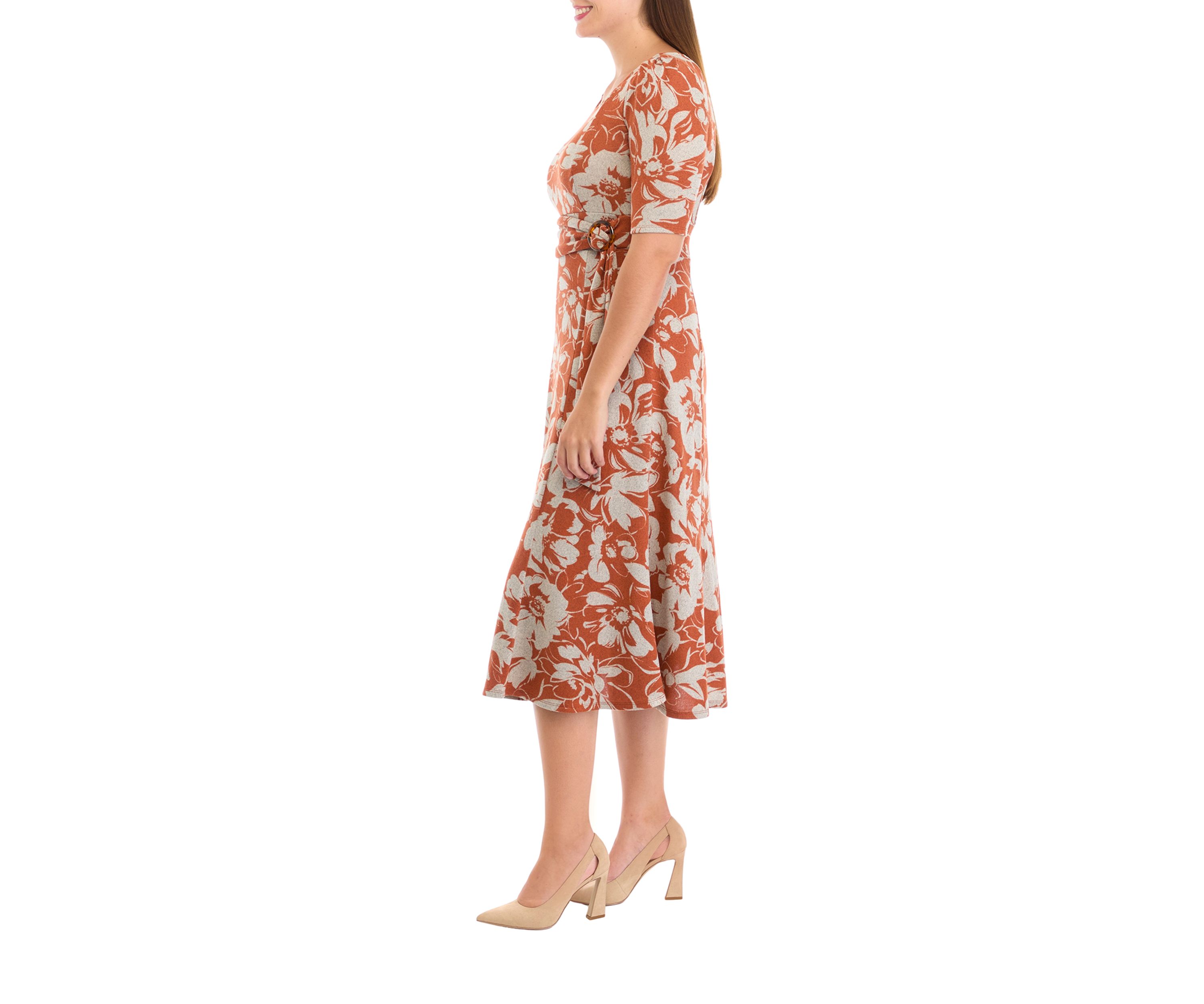 Womens Short Sleeve Crew Neck Floral Print Tie Wrap Fit and Flare Dress