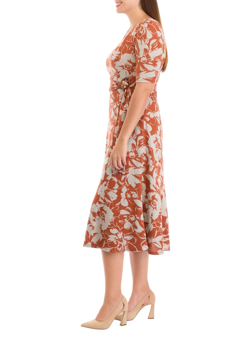 Womens Short Sleeve Crew Neck Floral Print Tie Wrap Fit and Flare Dress
