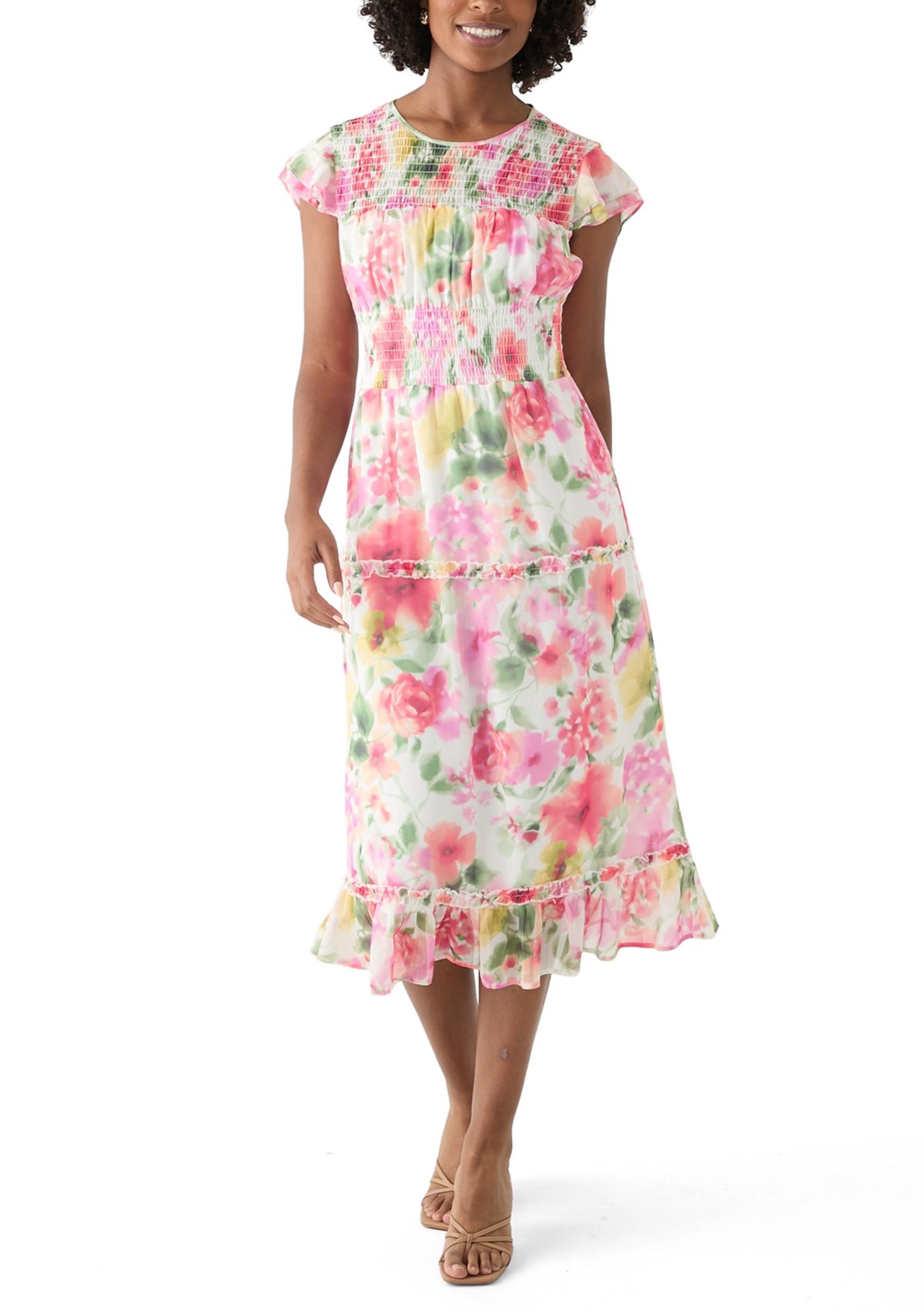 Womens Flutter Sleeve Floral Print Maxi Dress