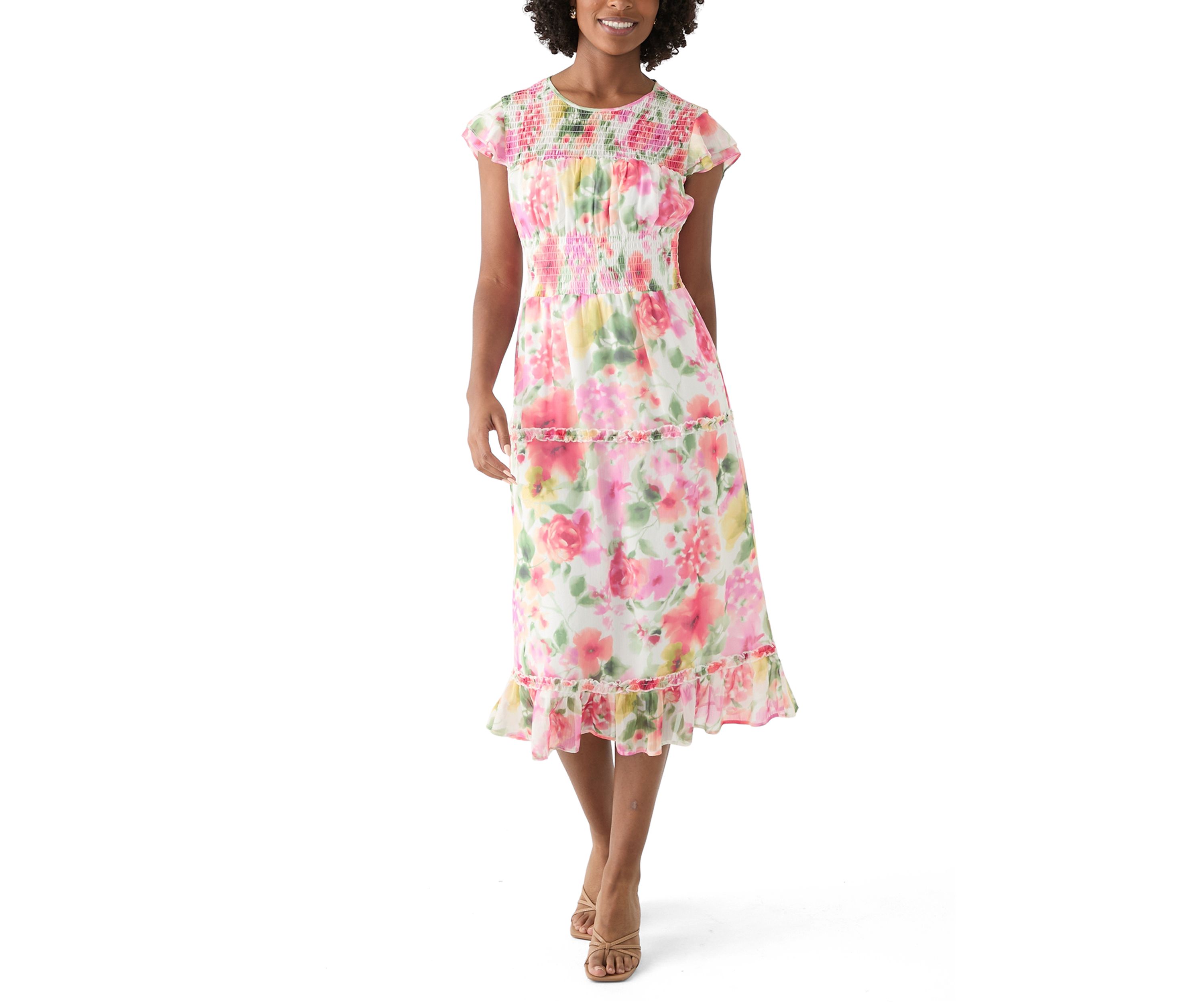 Womens Flutter Sleeve Floral Print Maxi Dress