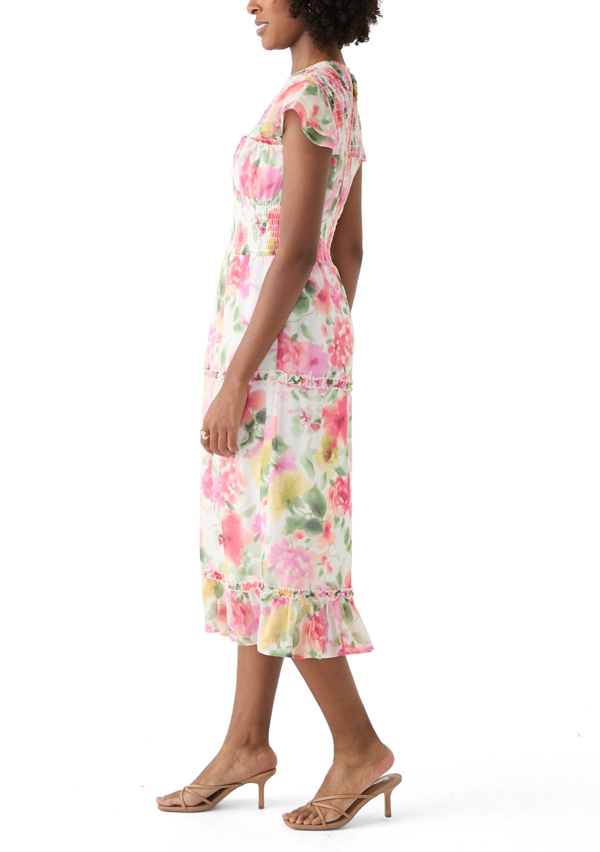 Womens Flutter Sleeve Floral Print Maxi Dress