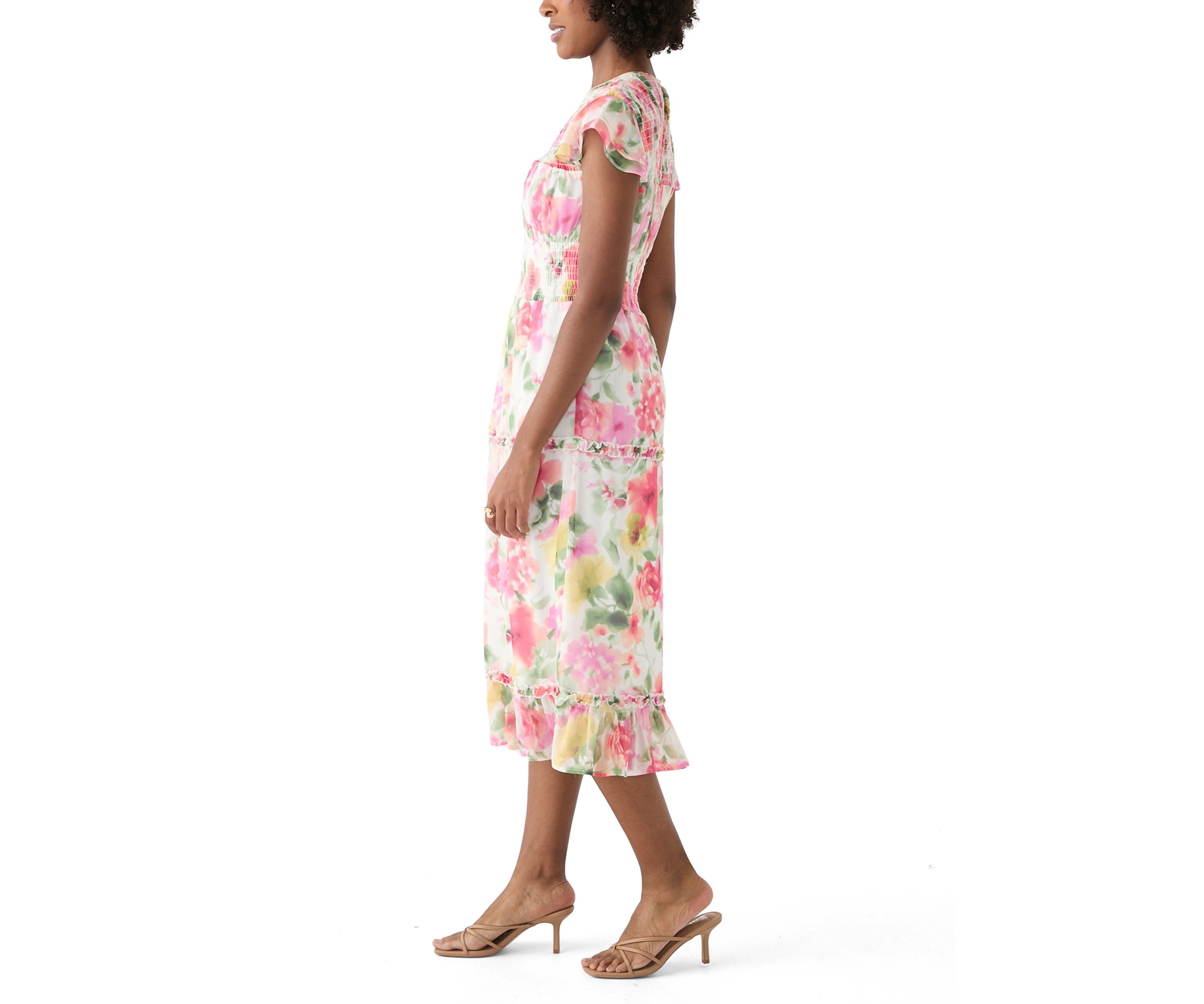 Womens Flutter Sleeve Floral Print Maxi Dress