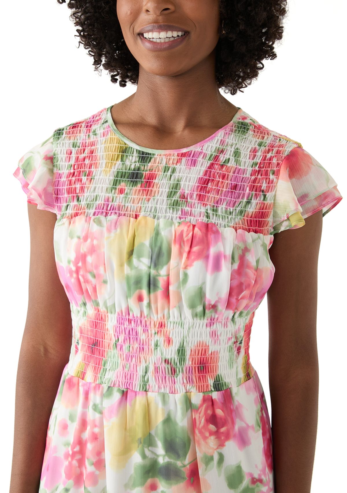 Womens Flutter Sleeve Floral Print Maxi Dress