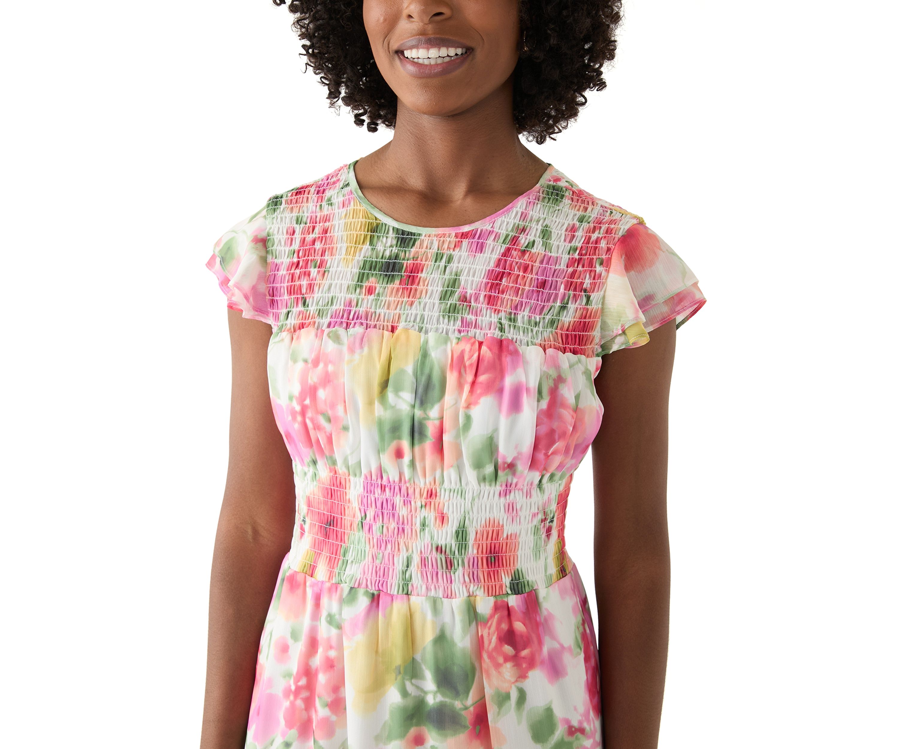 Womens Flutter Sleeve Floral Print Maxi Dress