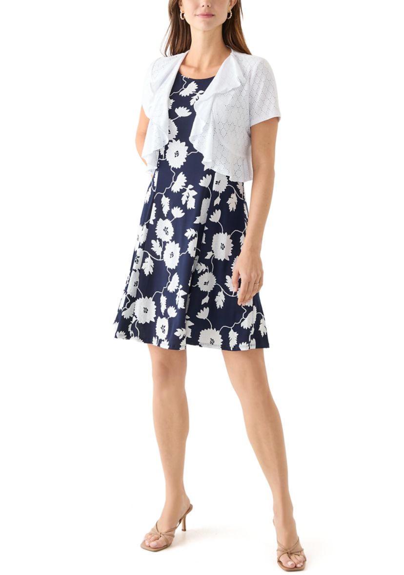 Womens Short Sleeve Crew Neck Floral Print Jacket Dress