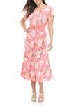 Womens Short Sleeve Floral Twin Print Twist Waist Midi Dress