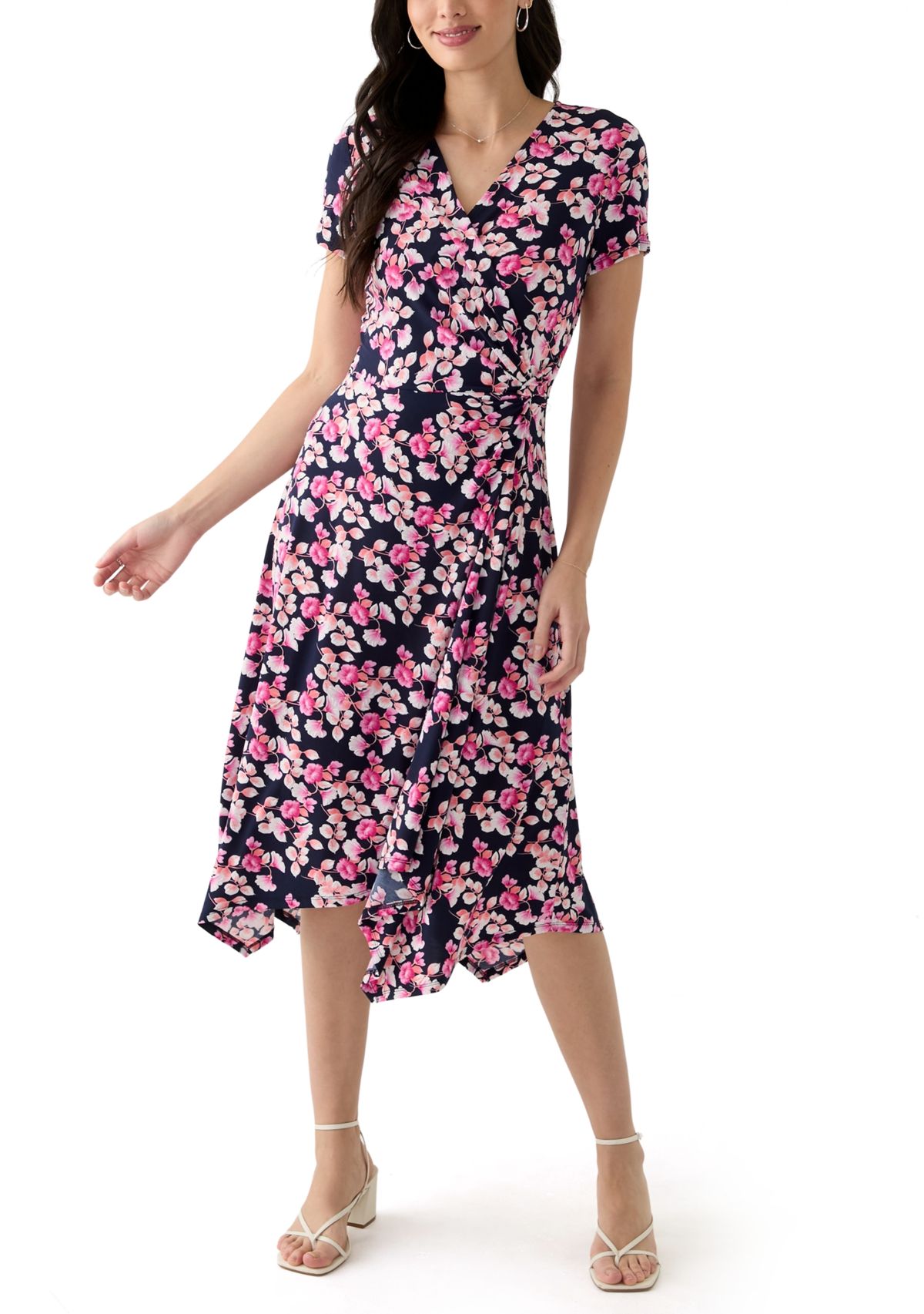 Womens Short Sleeve V-Neck Floral Print Midi Dress