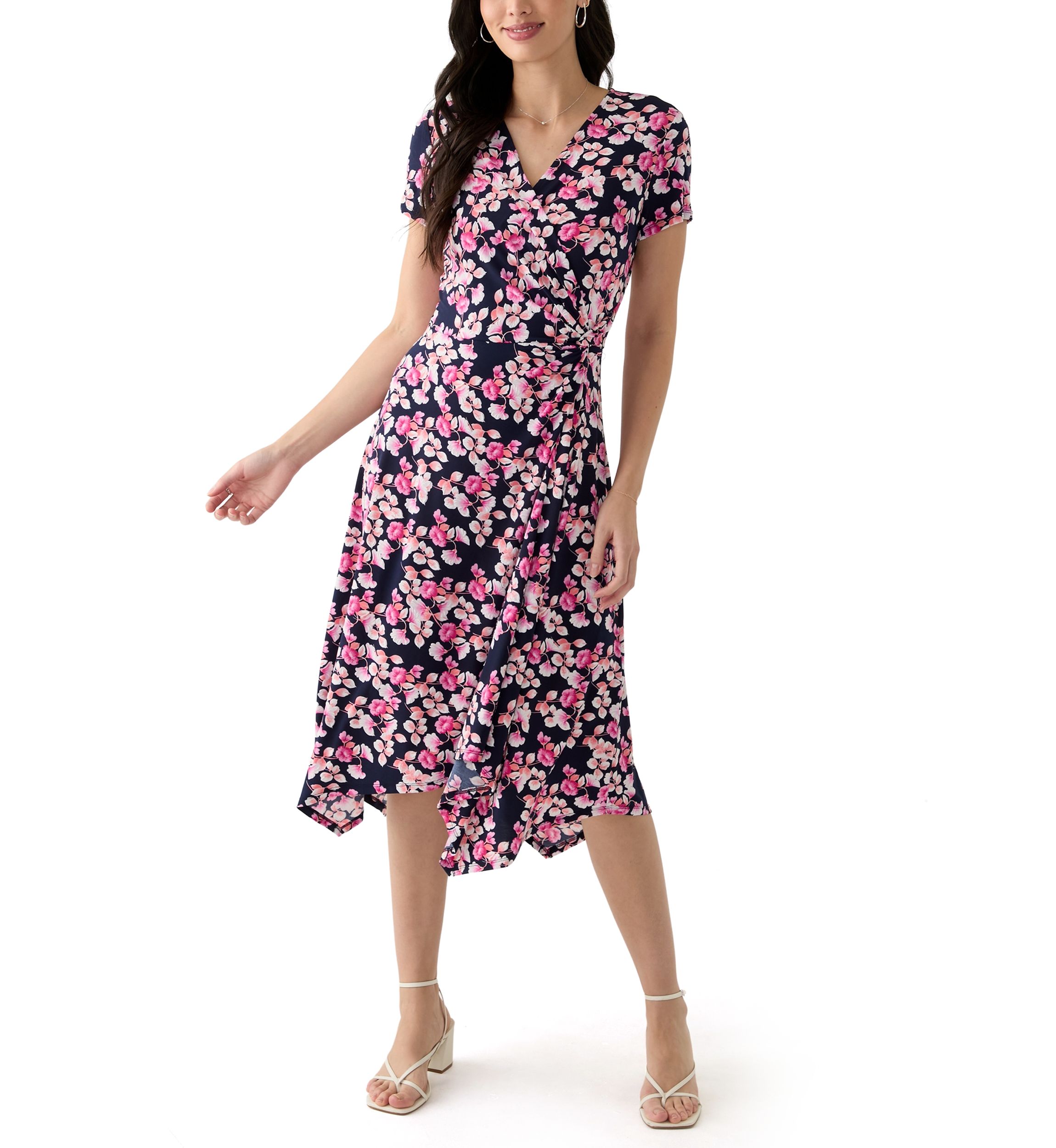 Womens Short Sleeve V-Neck Floral Print Midi Dress