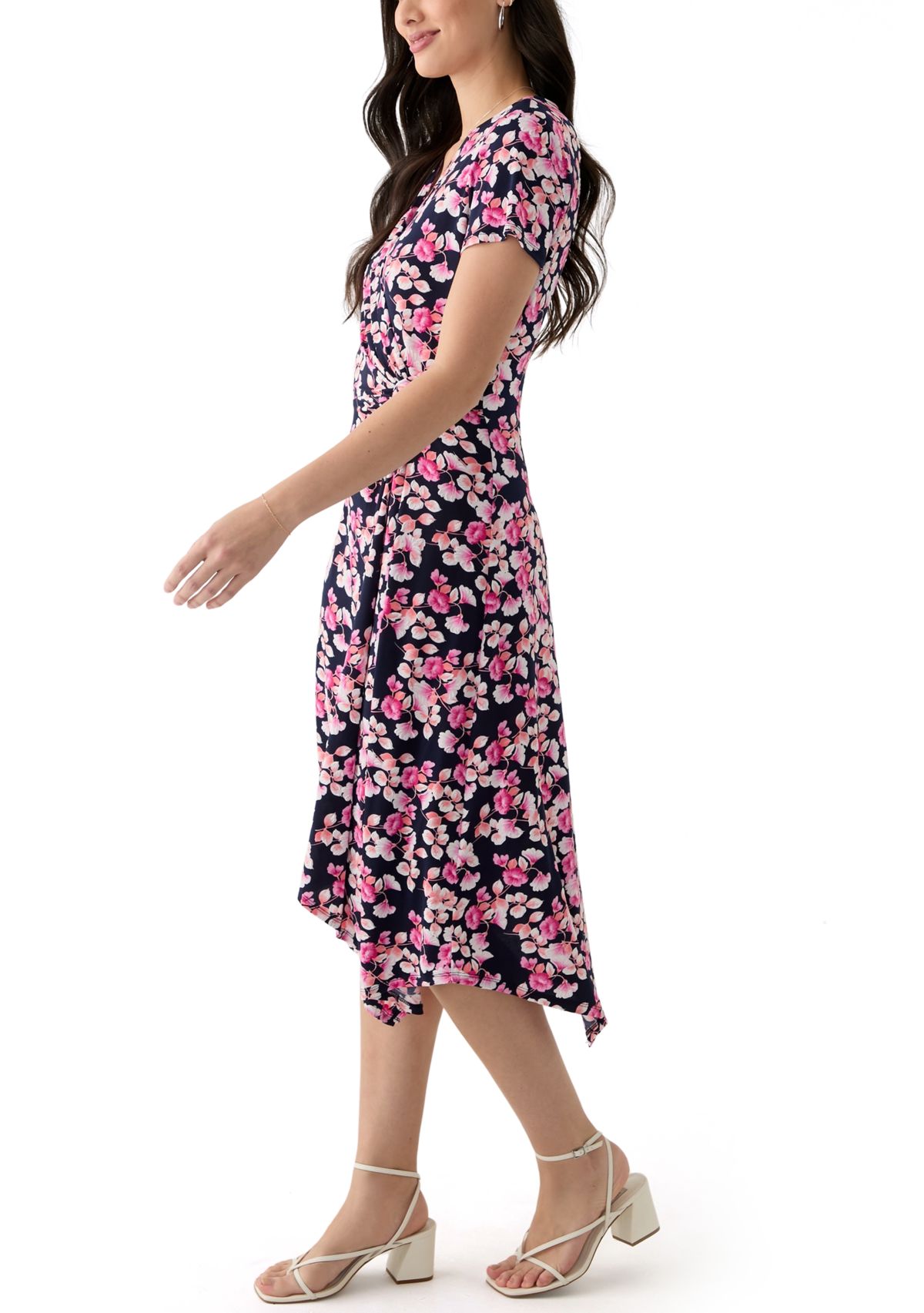 Womens Short Sleeve V-Neck Floral Print Midi Dress