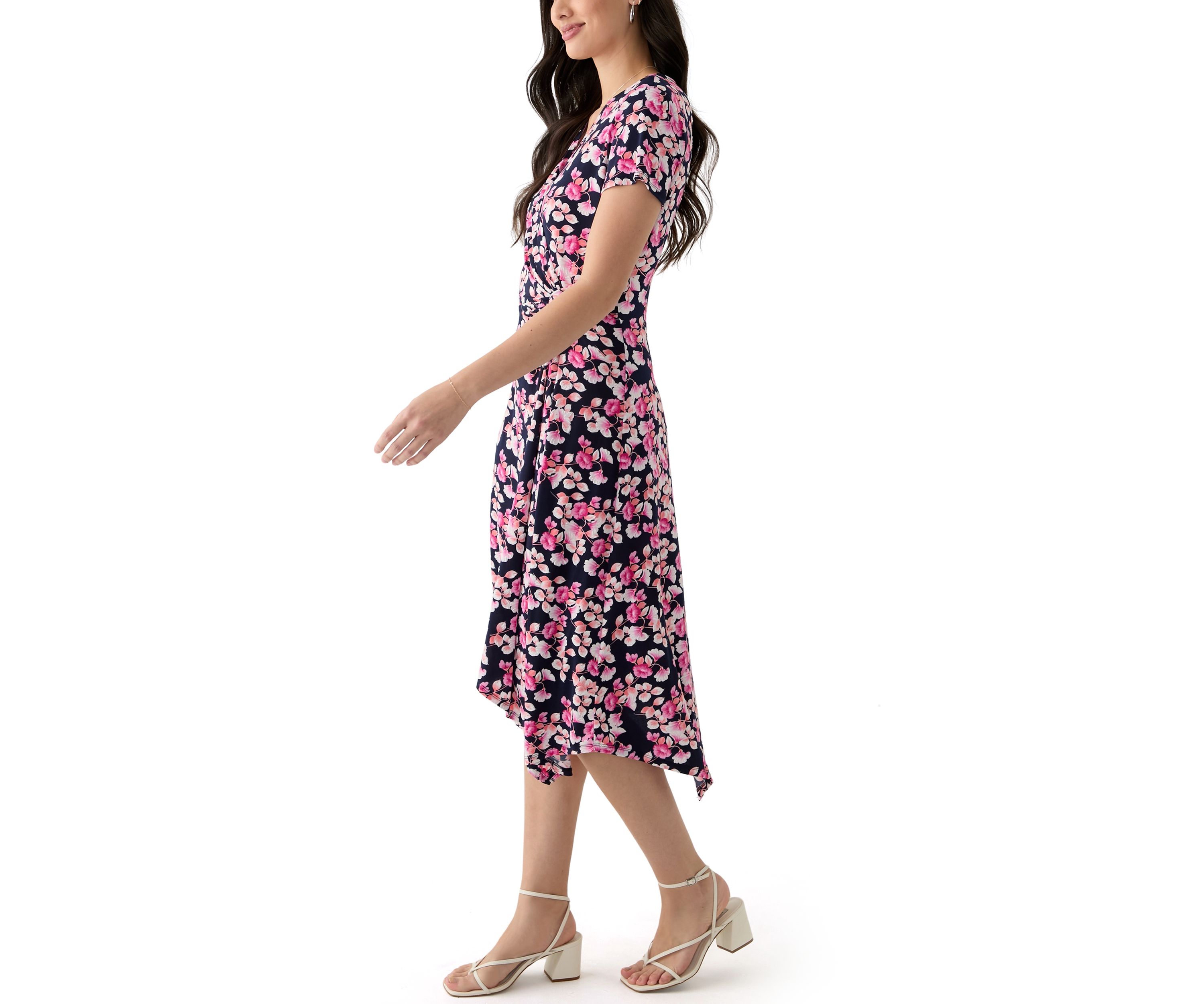 Womens Short Sleeve V-Neck Floral Print Midi Dress