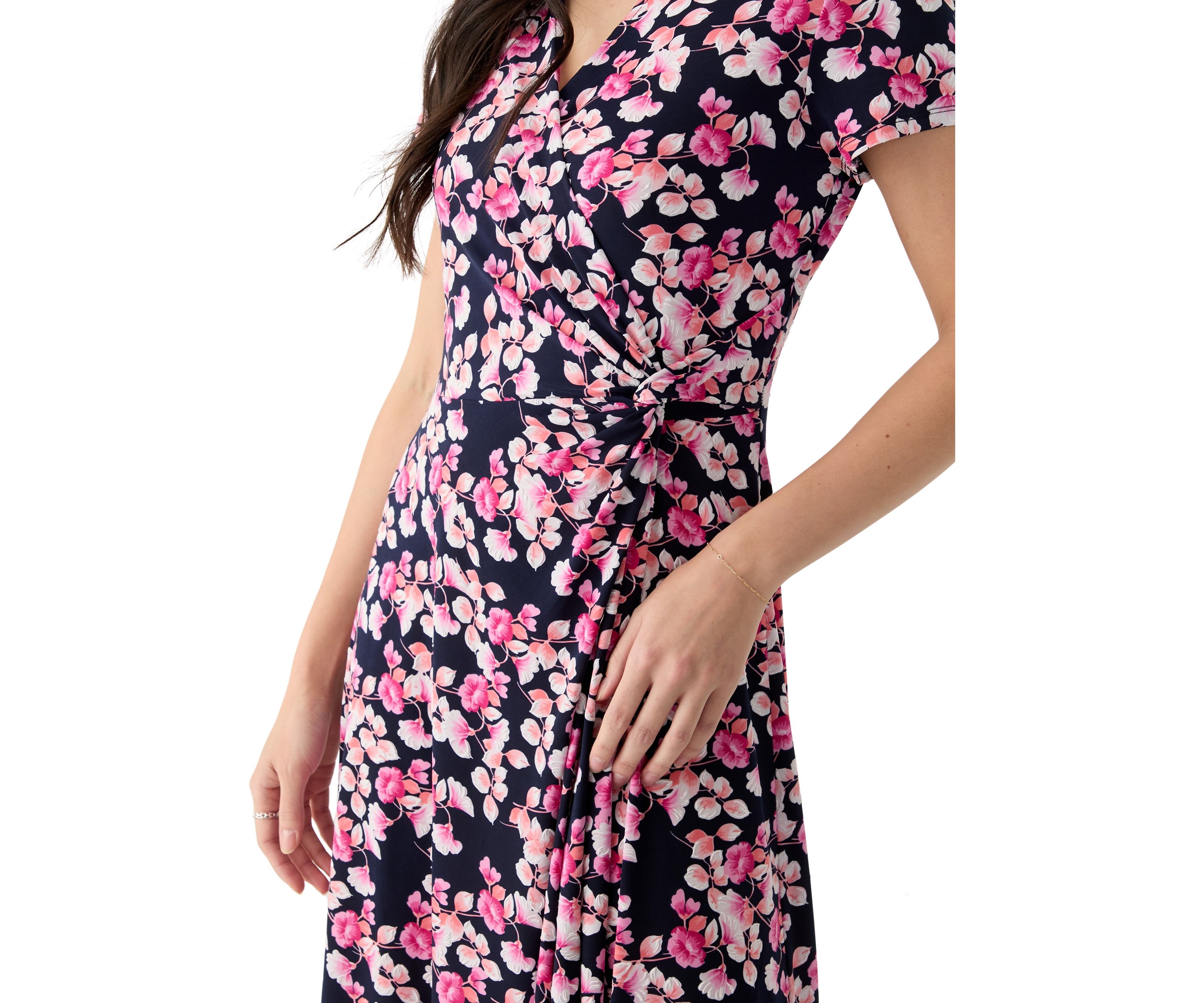 Womens Short Sleeve V-Neck Floral Print Midi Dress