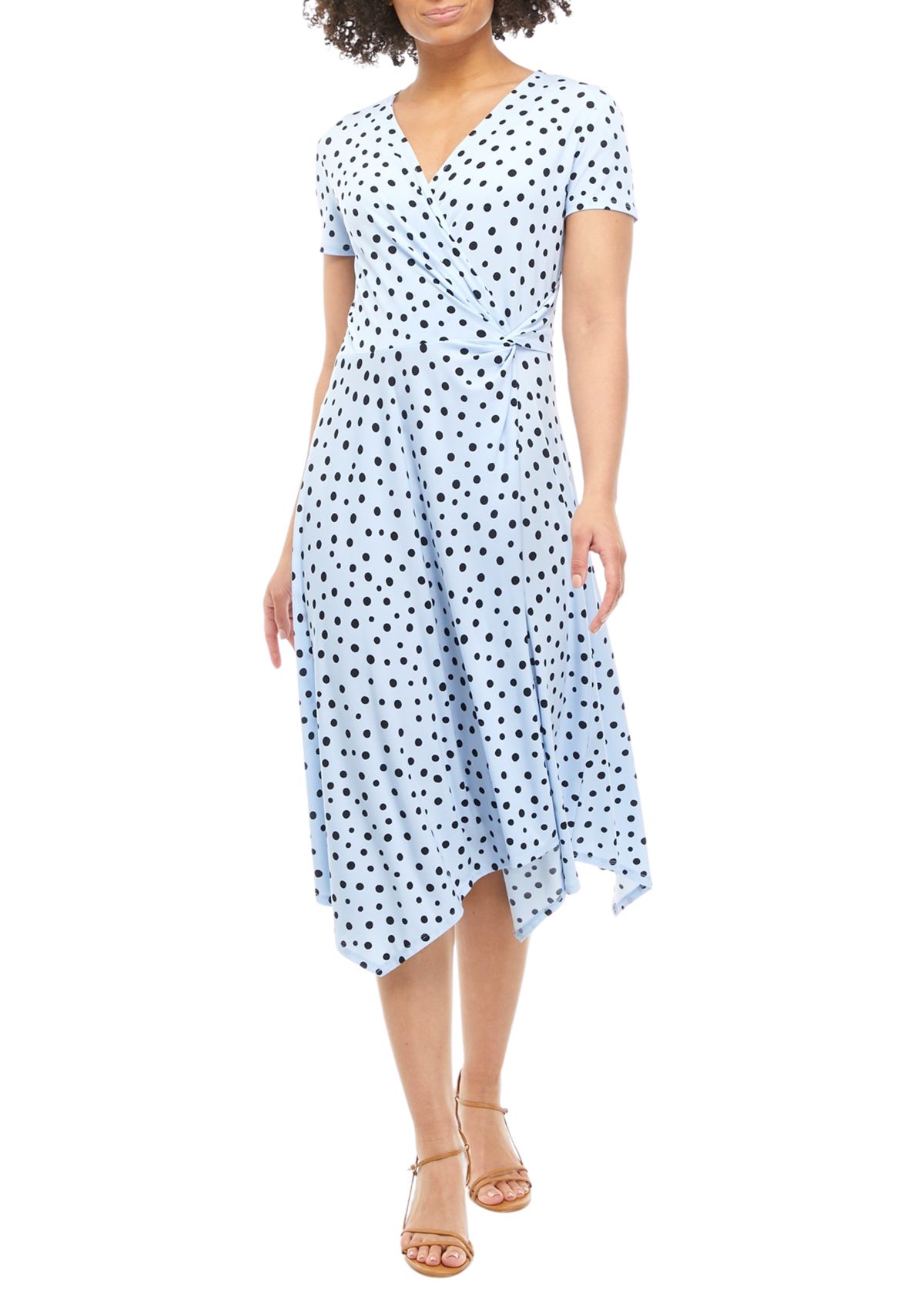Womens Short Sleeve Dot Printed Faux Wrap Dress