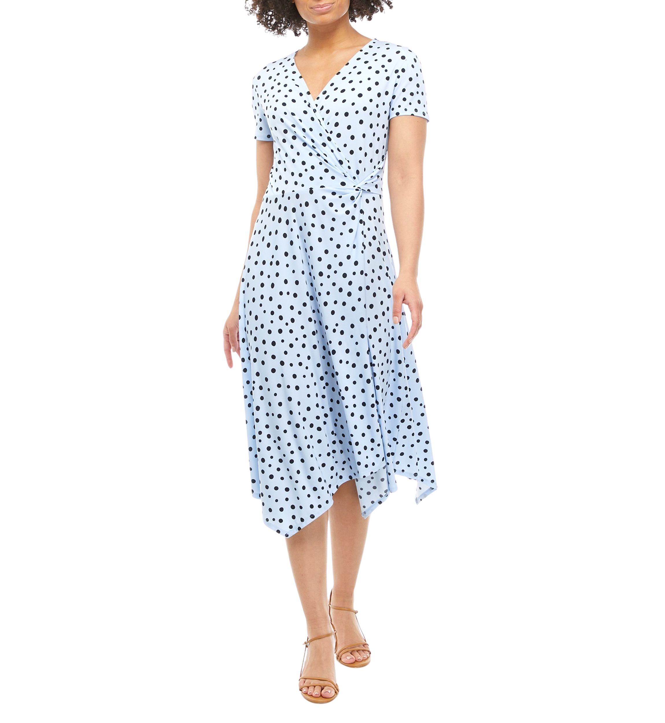 Womens Short Sleeve Dot Printed Faux Wrap Dress