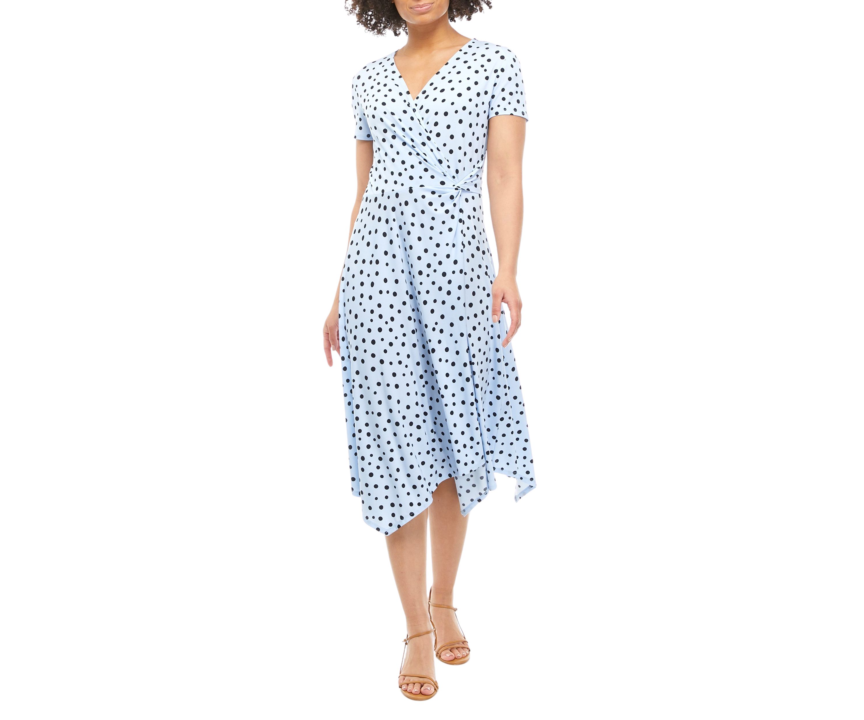 Womens Short Sleeve Dot Printed Faux Wrap Dress