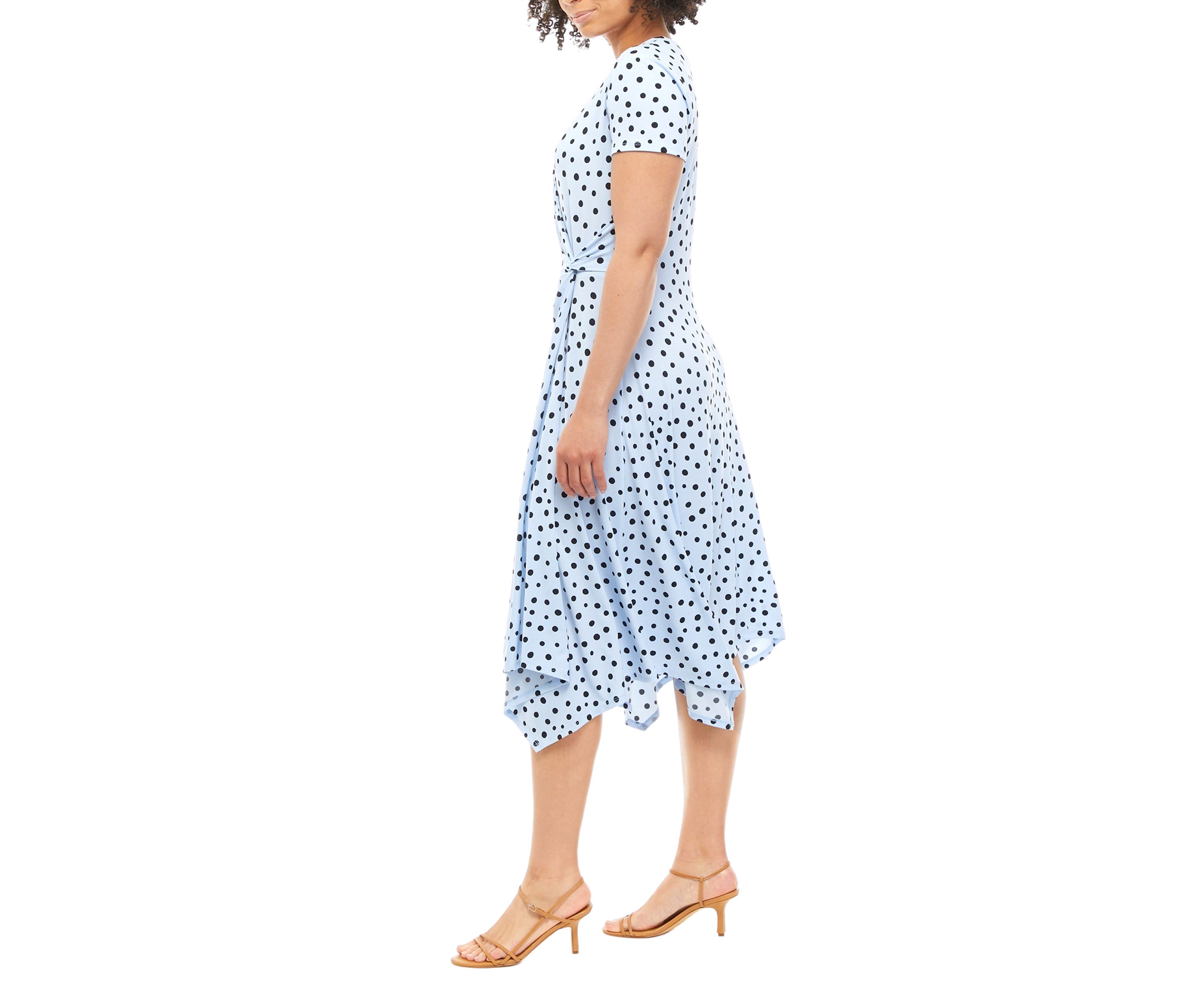 Womens Short Sleeve Dot Printed Faux Wrap Dress
